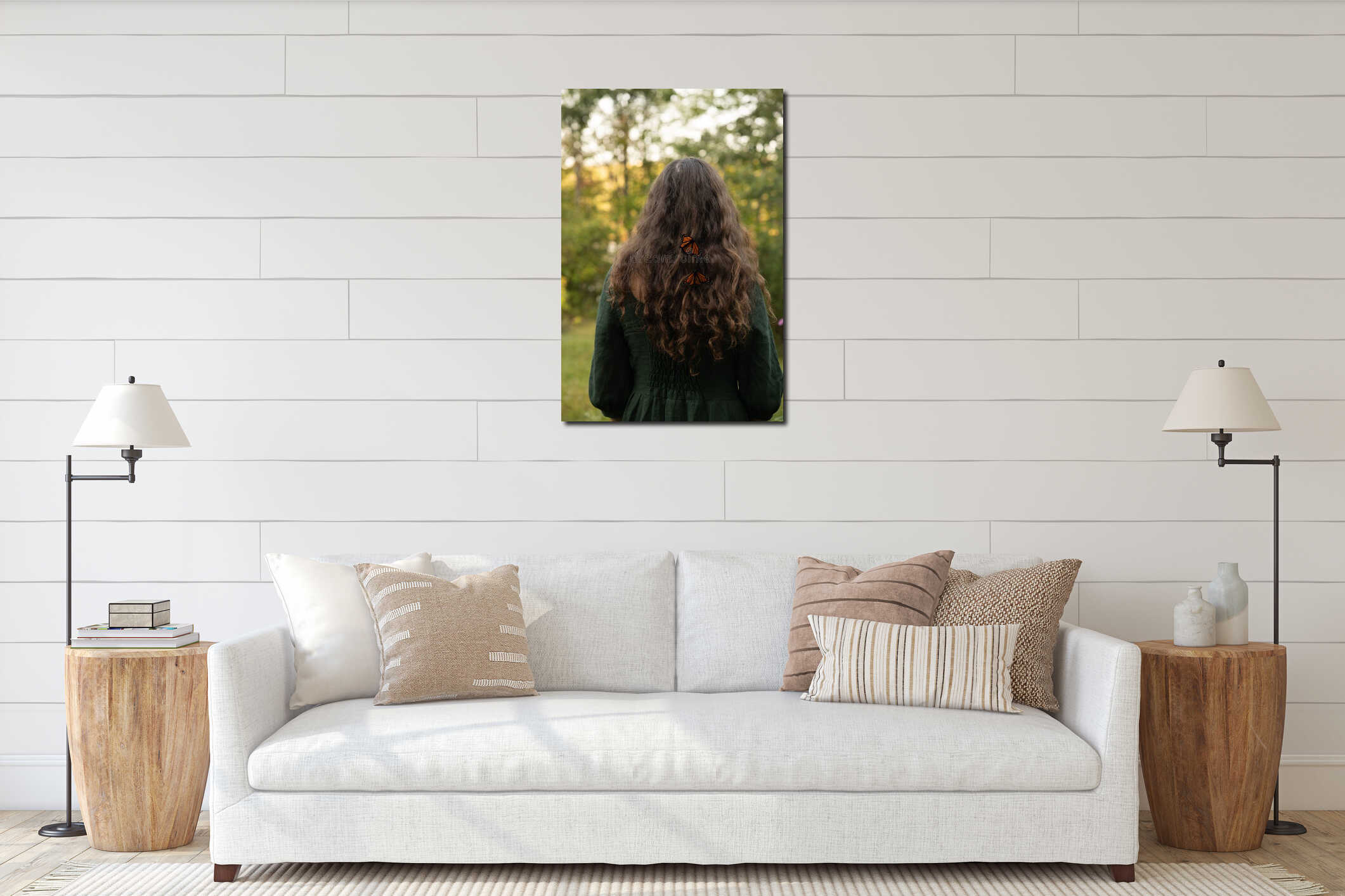 Vertical back shot of a girl with long hair adorned with butterflies, standing in the garden interior mockup