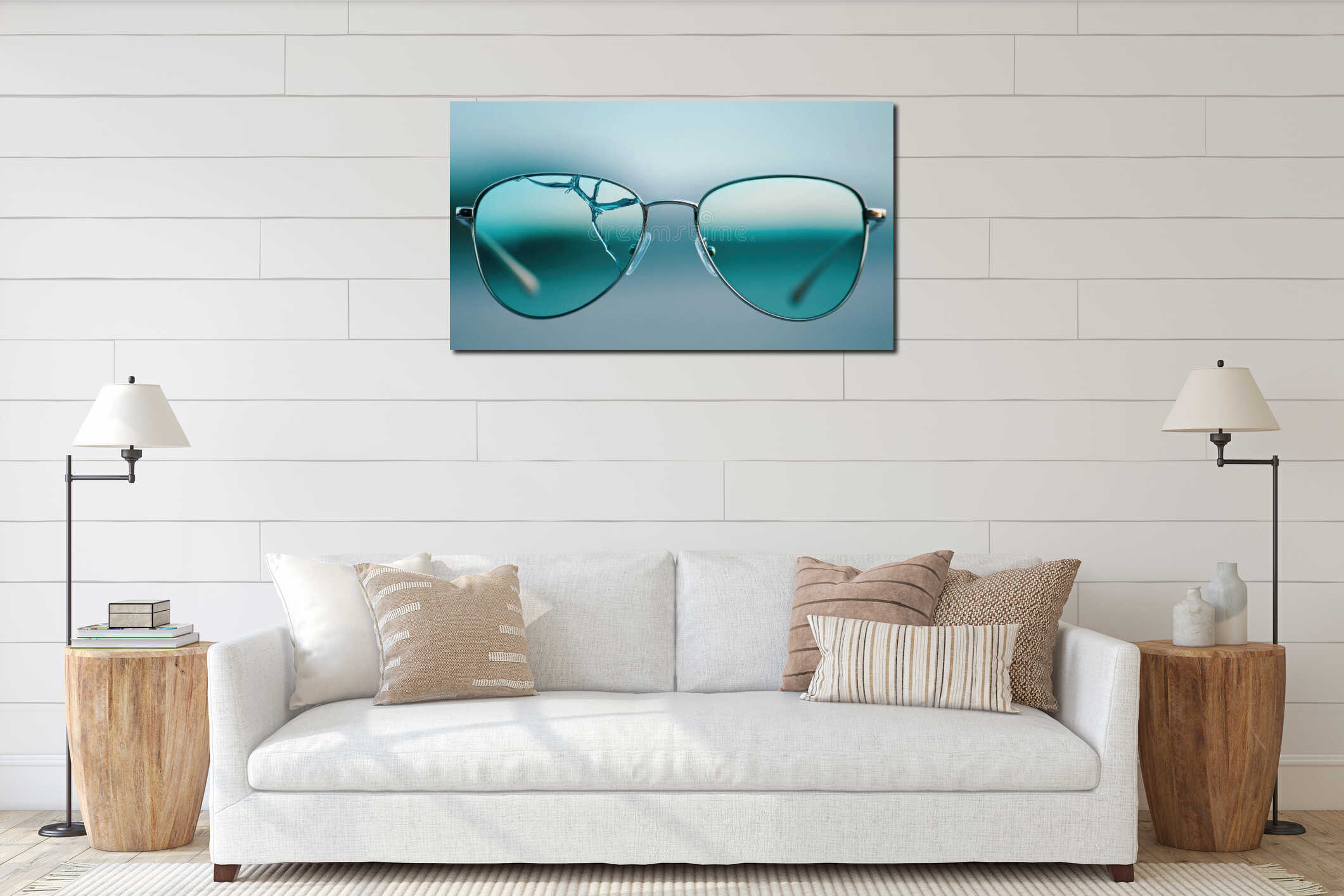 A close up of a pair of sunglasses with cracked lenses, AI interior mockup