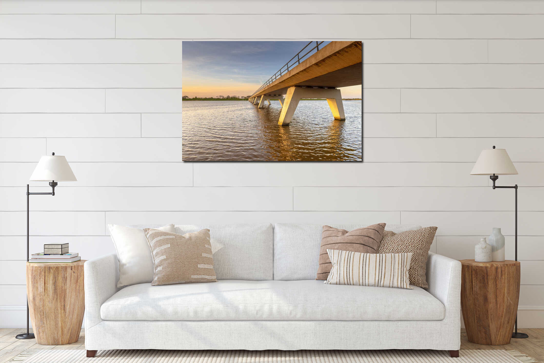 Modern concrete bridge over river interior mockup