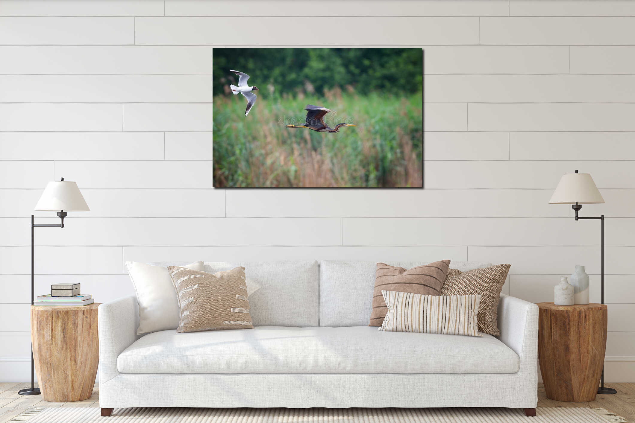 Close-up shot of a seagull and a heron in flight over a lush green wetland area. interior mockup