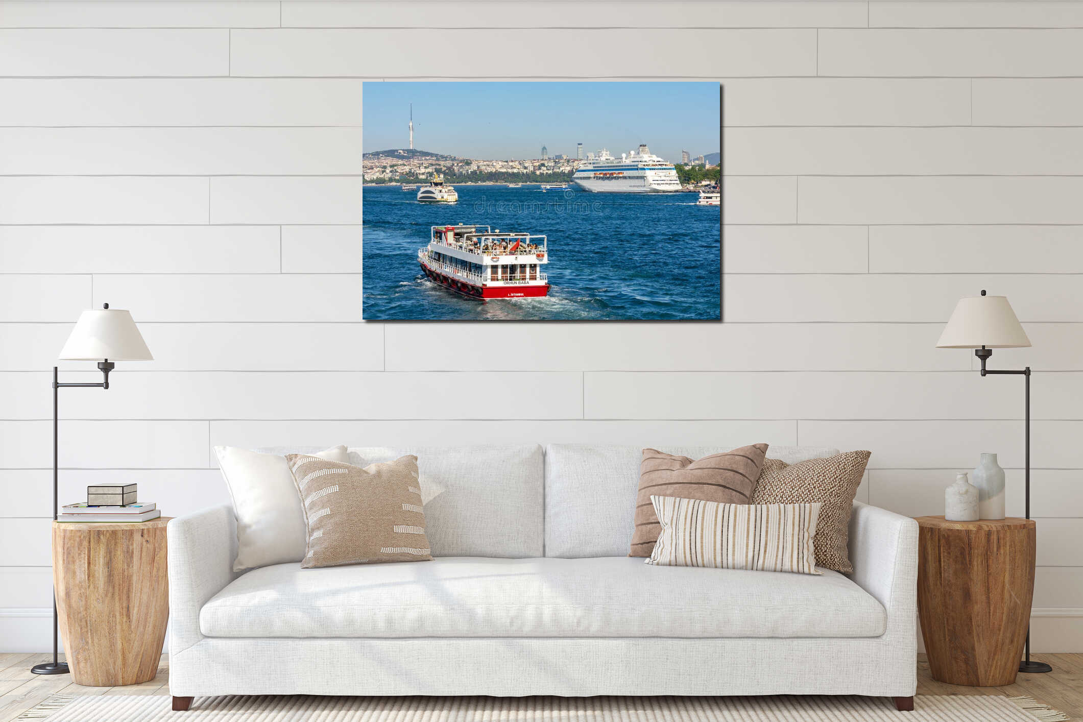Ships and boats sailing in Bosphorus strait, Istanbul, Turkey interior mockup