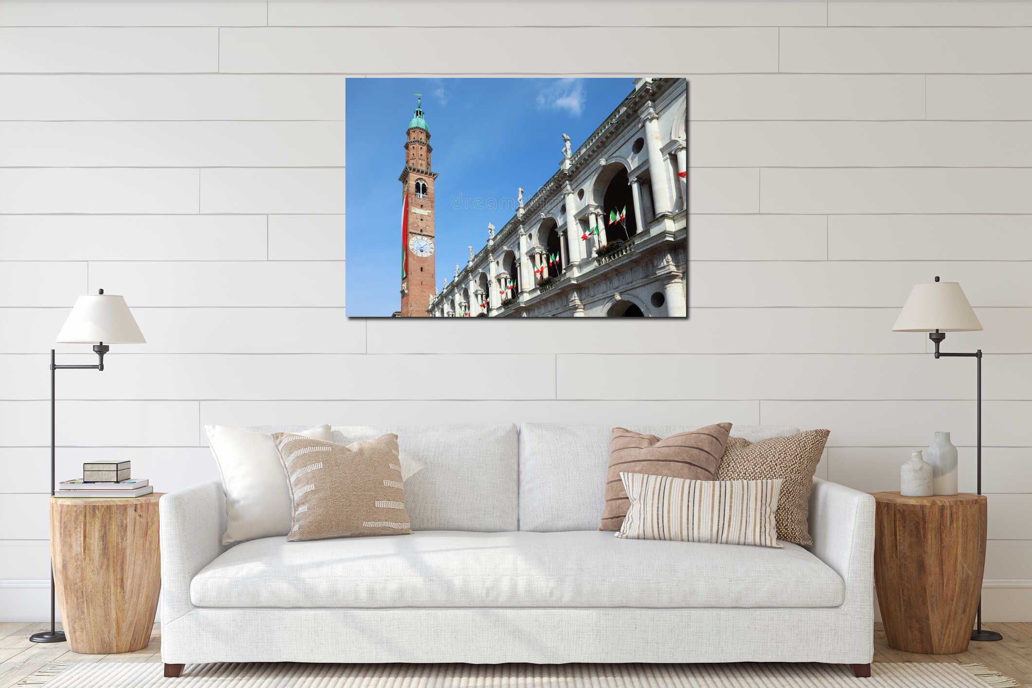 Vicenza, VI, Italy - May 11, 2024: Very long italian flag on the ancient Tower and many flags on the landmark interior mockup