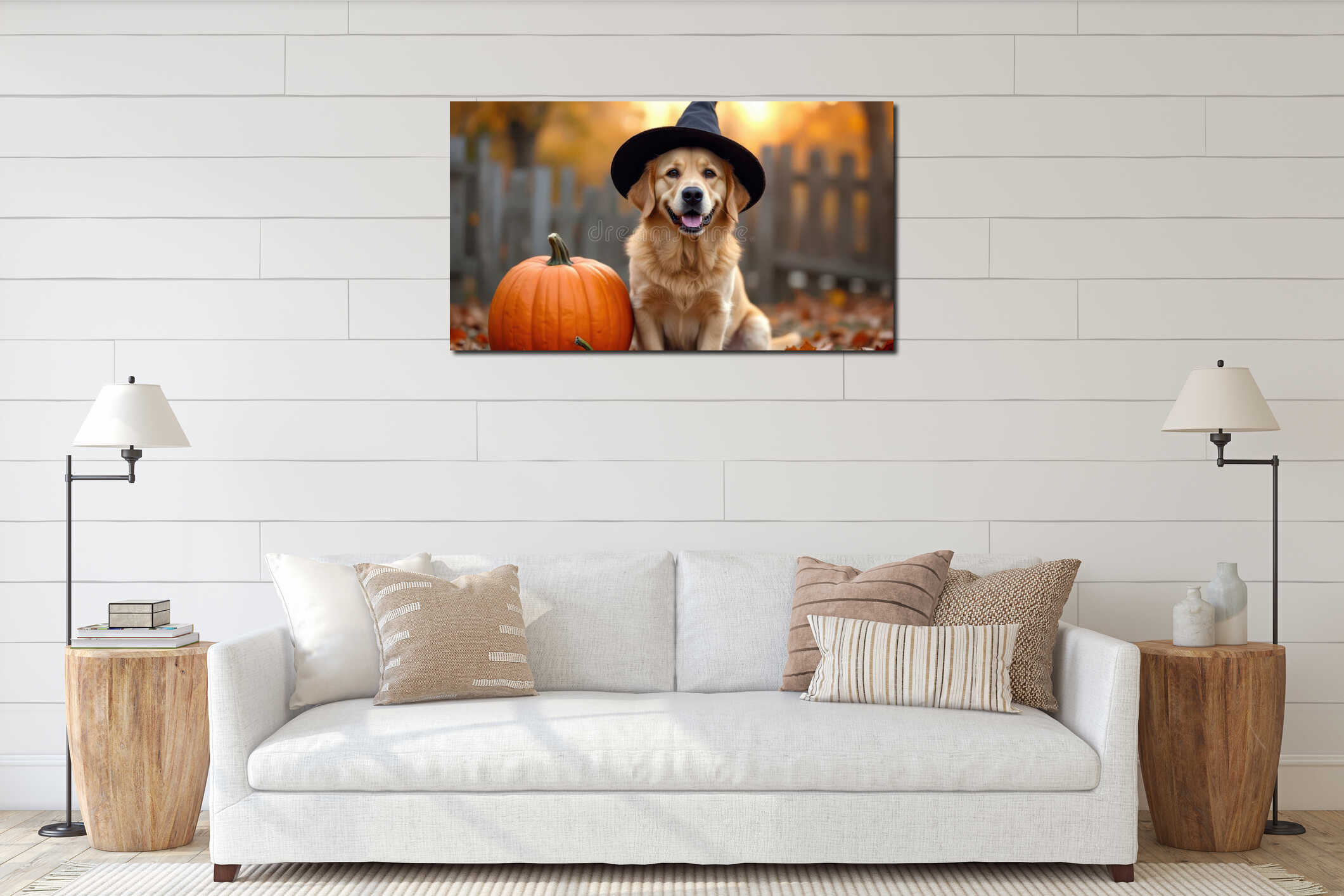 Adorable Halloween Canine Dressed in a Witch Hat Posing with a Vibrant Pumpkin interior mockup