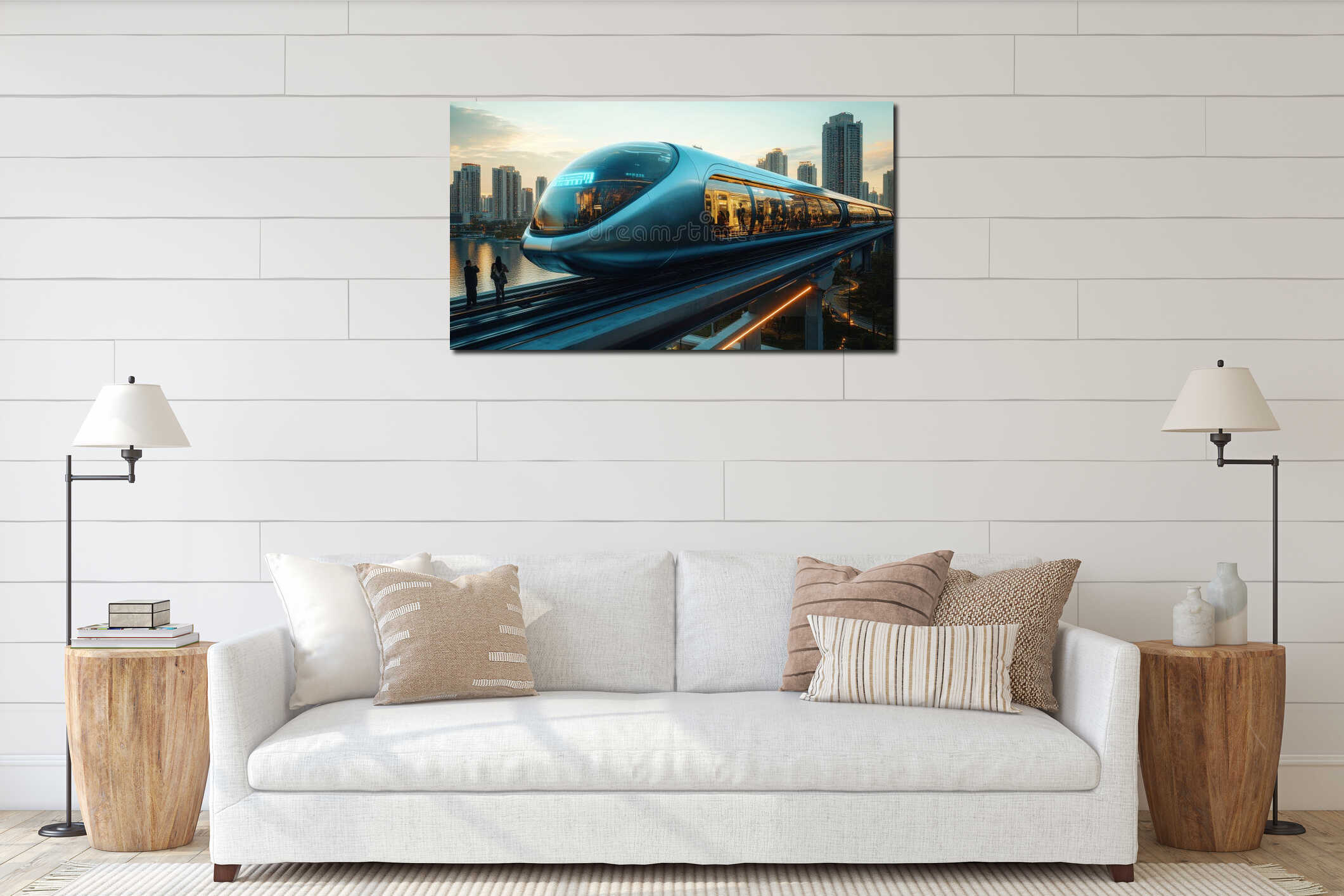 Futuristic high-speed monorail train gliding through an advanced city with vibrant urban landscapes interior mockup