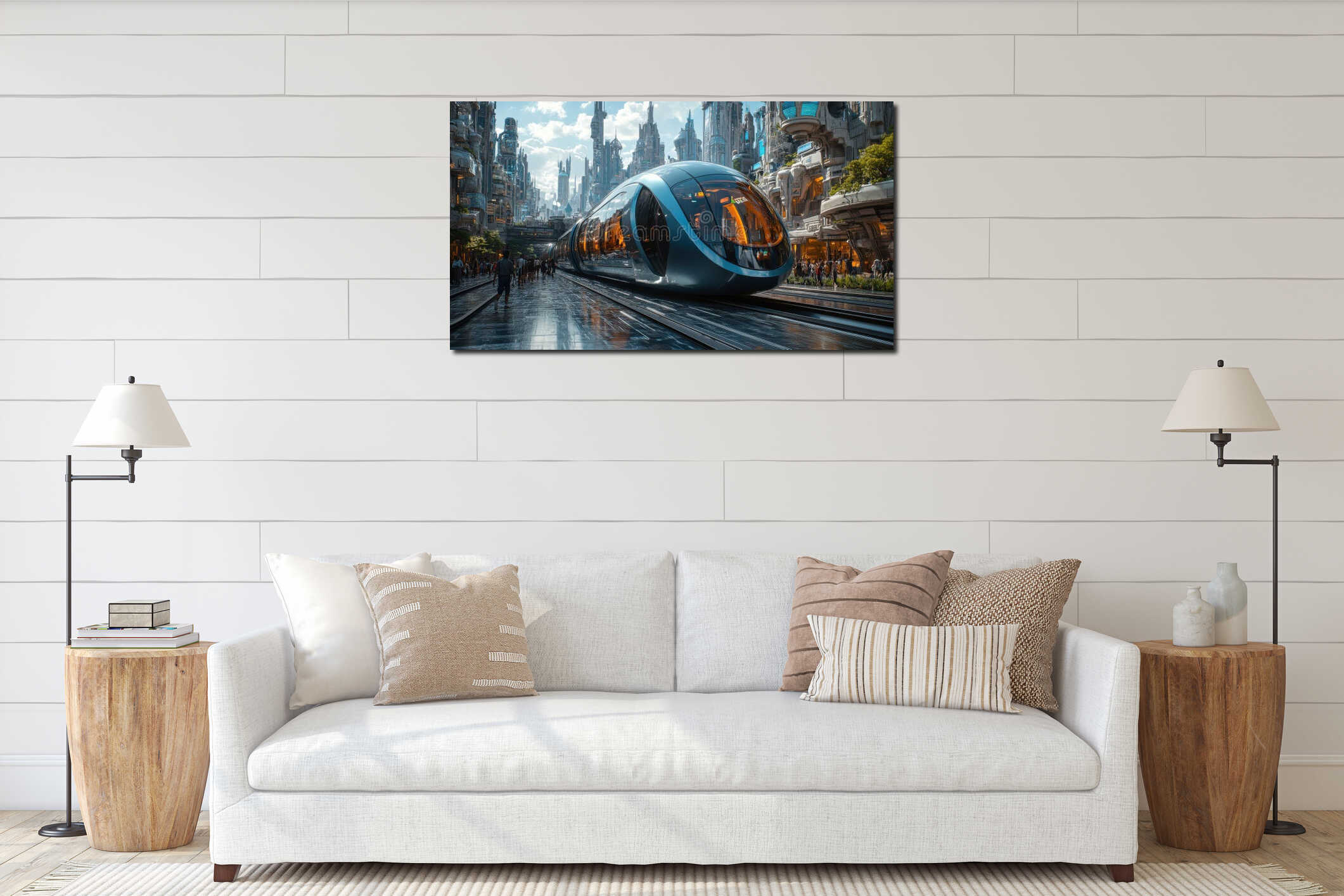 Futuristic high-speed monorail glides through a vibrant cityscape filled with advanced architecture and green spaces interior mockup