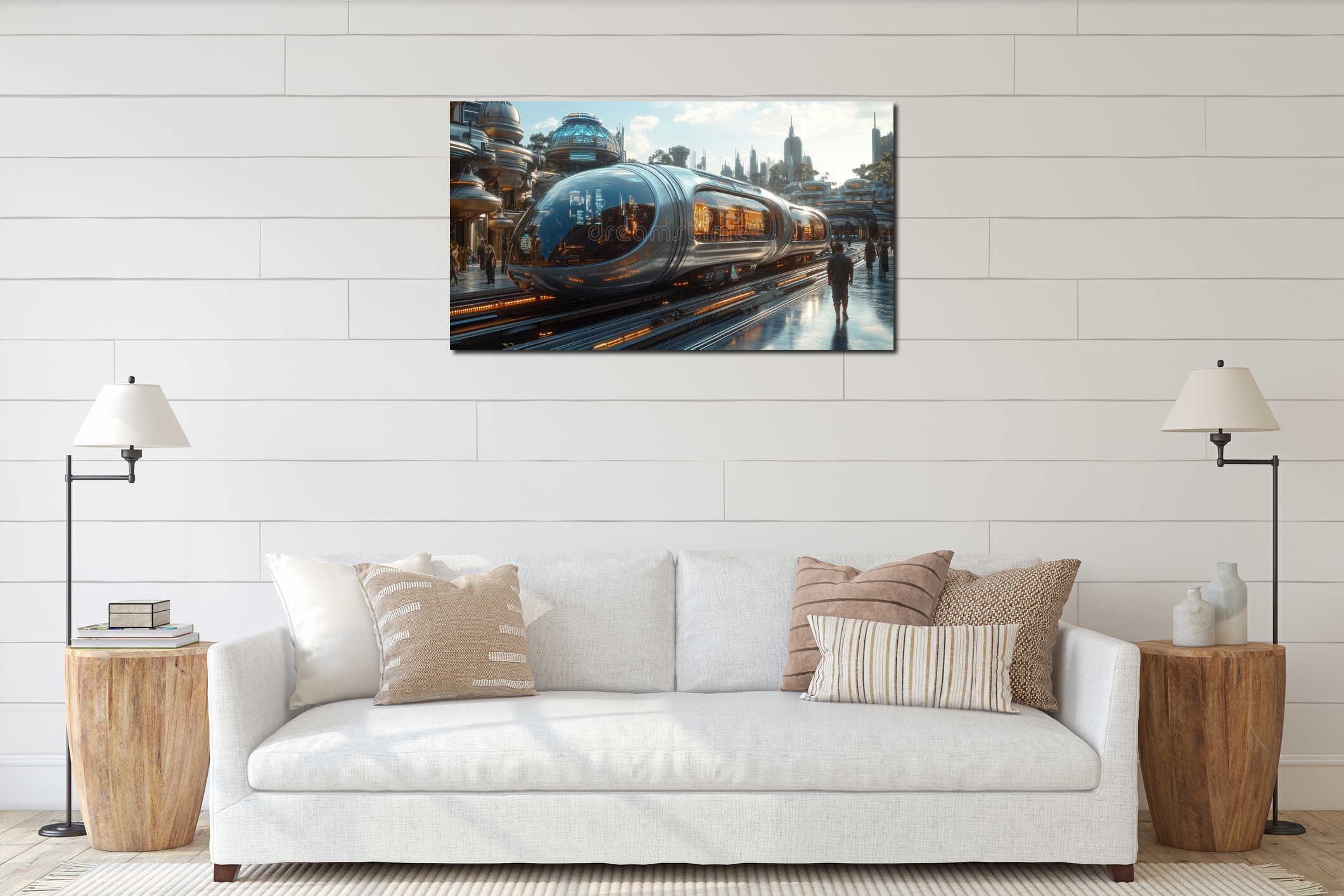 Futuristic high-speed monorail glides through a vibrant cityscape with people walking beside it in a serene urban environment interior mockup