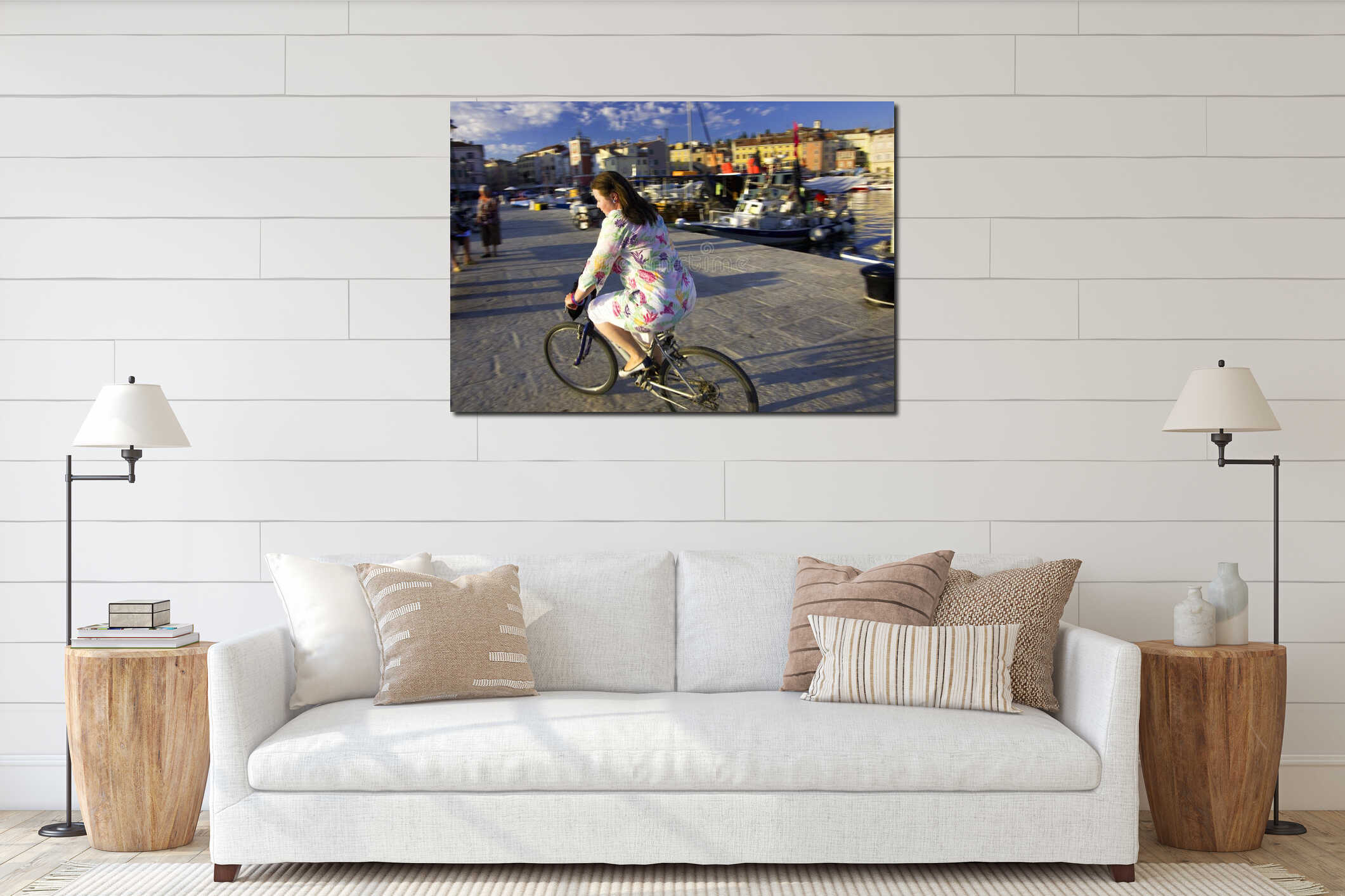 Girl riding bicycle interior mockup