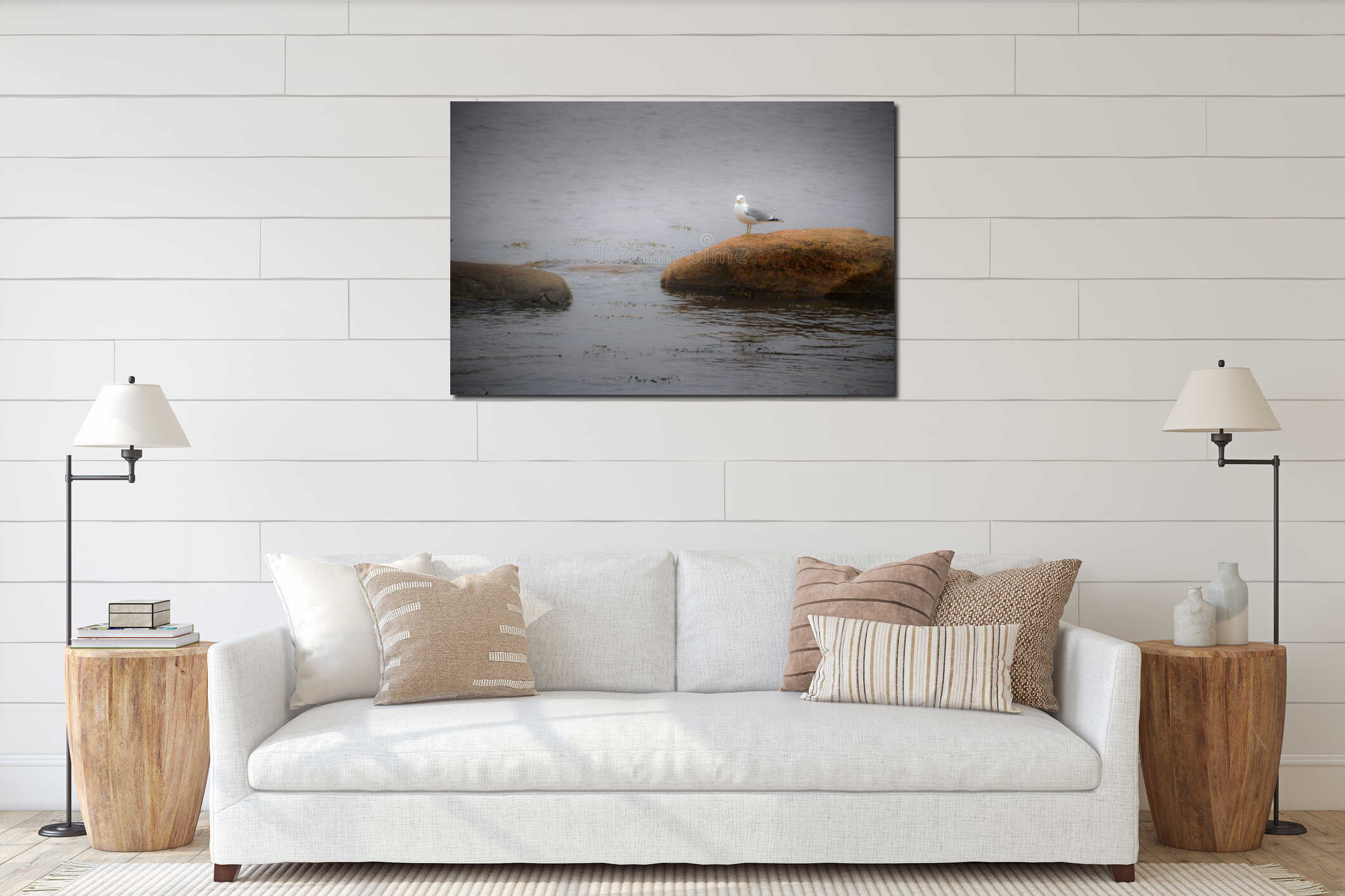 Seagull sitting on stone interior mockup