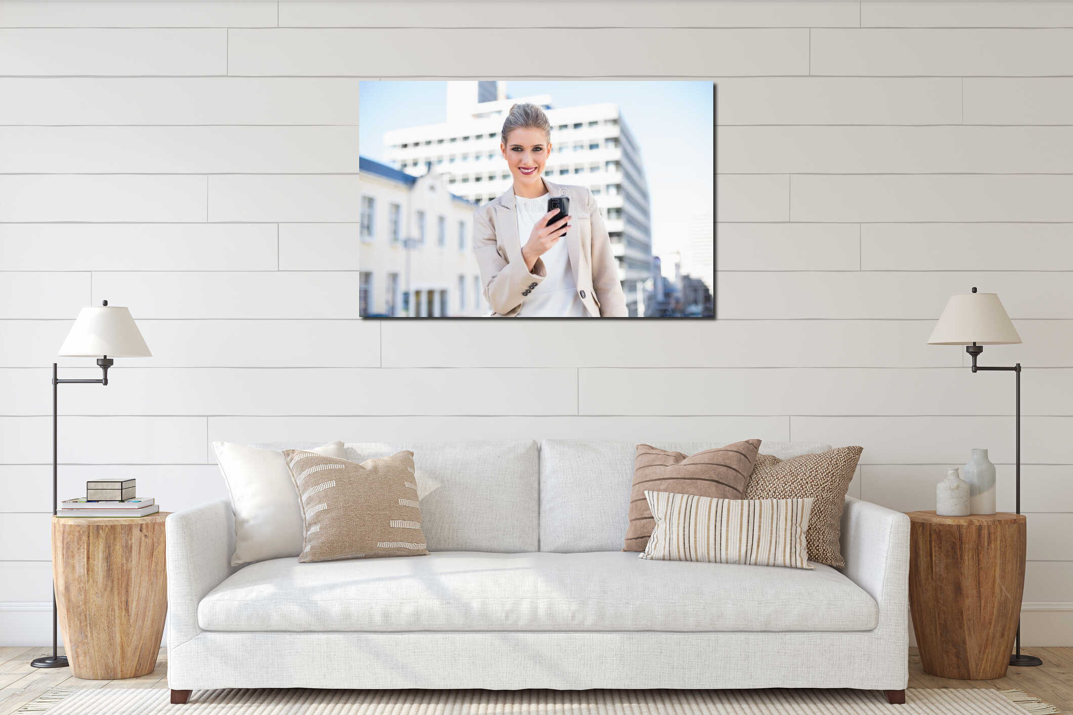 Happy attractive businesswoman sending a text message interior mockup