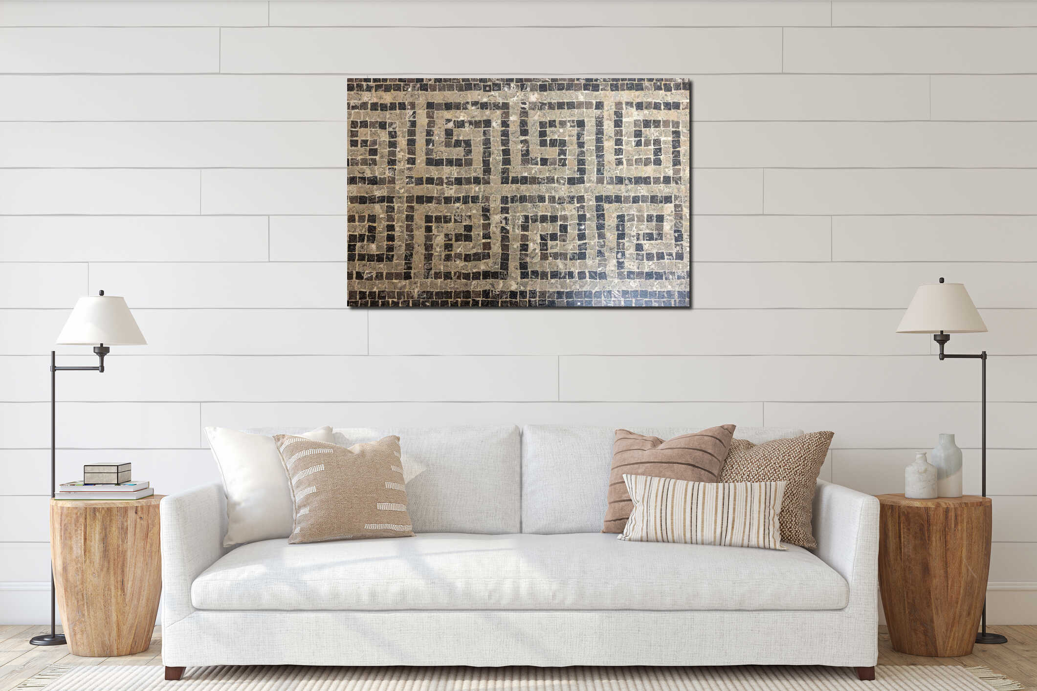 High res close up earth muted tones geometrically small square tesserae mosaic floor background from an Italian church interior mockup