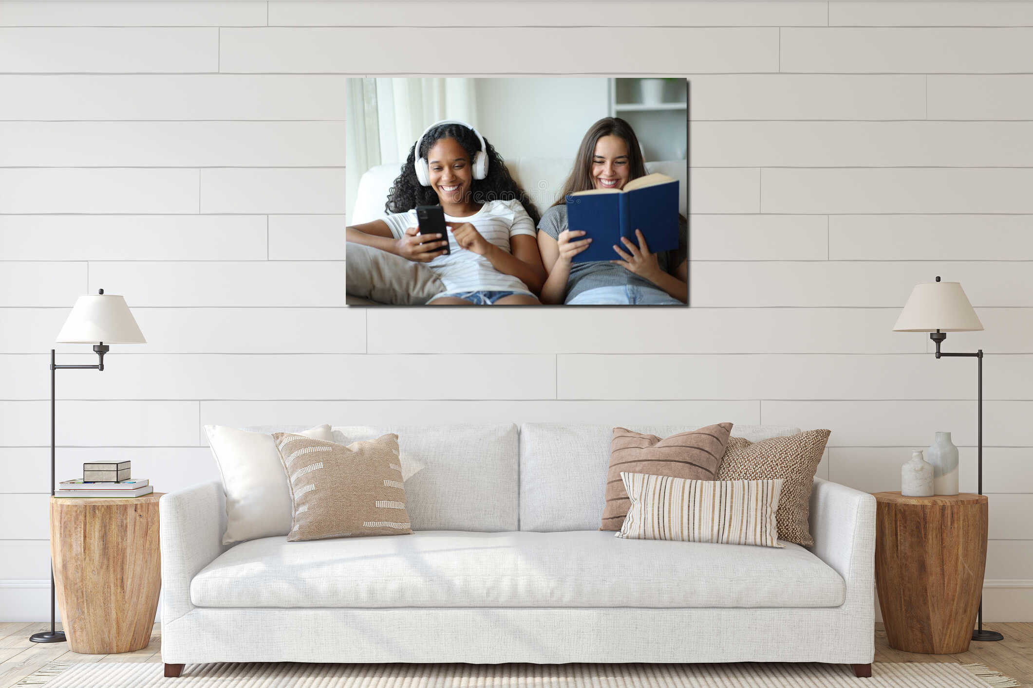 Happy couple enjoying different hobbies at home interior mockup