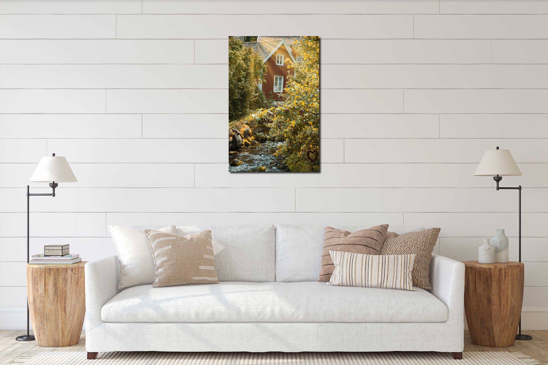 Apple tree with apples by a stream, in front of a red Swedish house with garden in autumn interior mockup