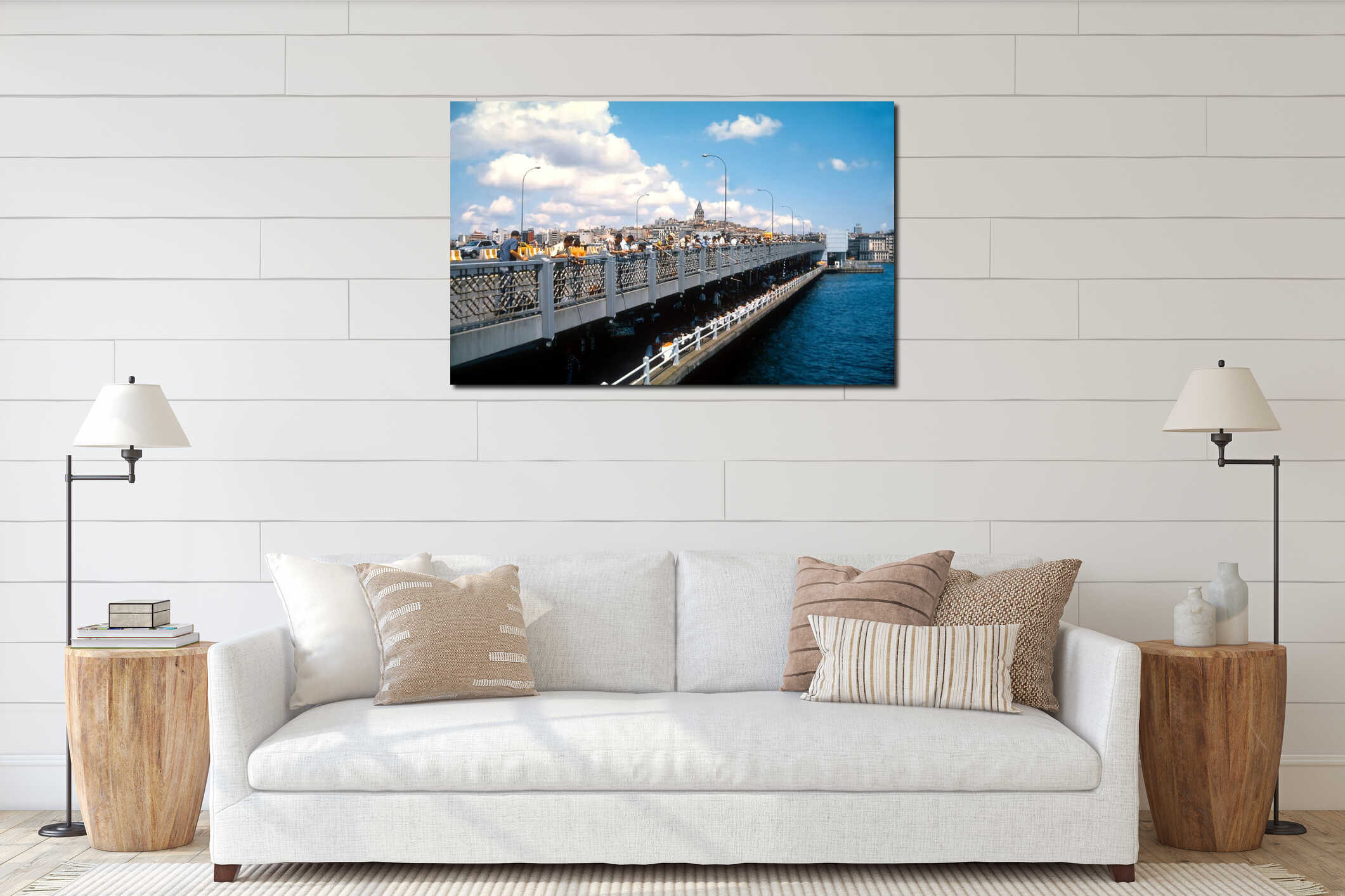 Men fishing from the Galata Bridge Istanbul Turkey interior mockup