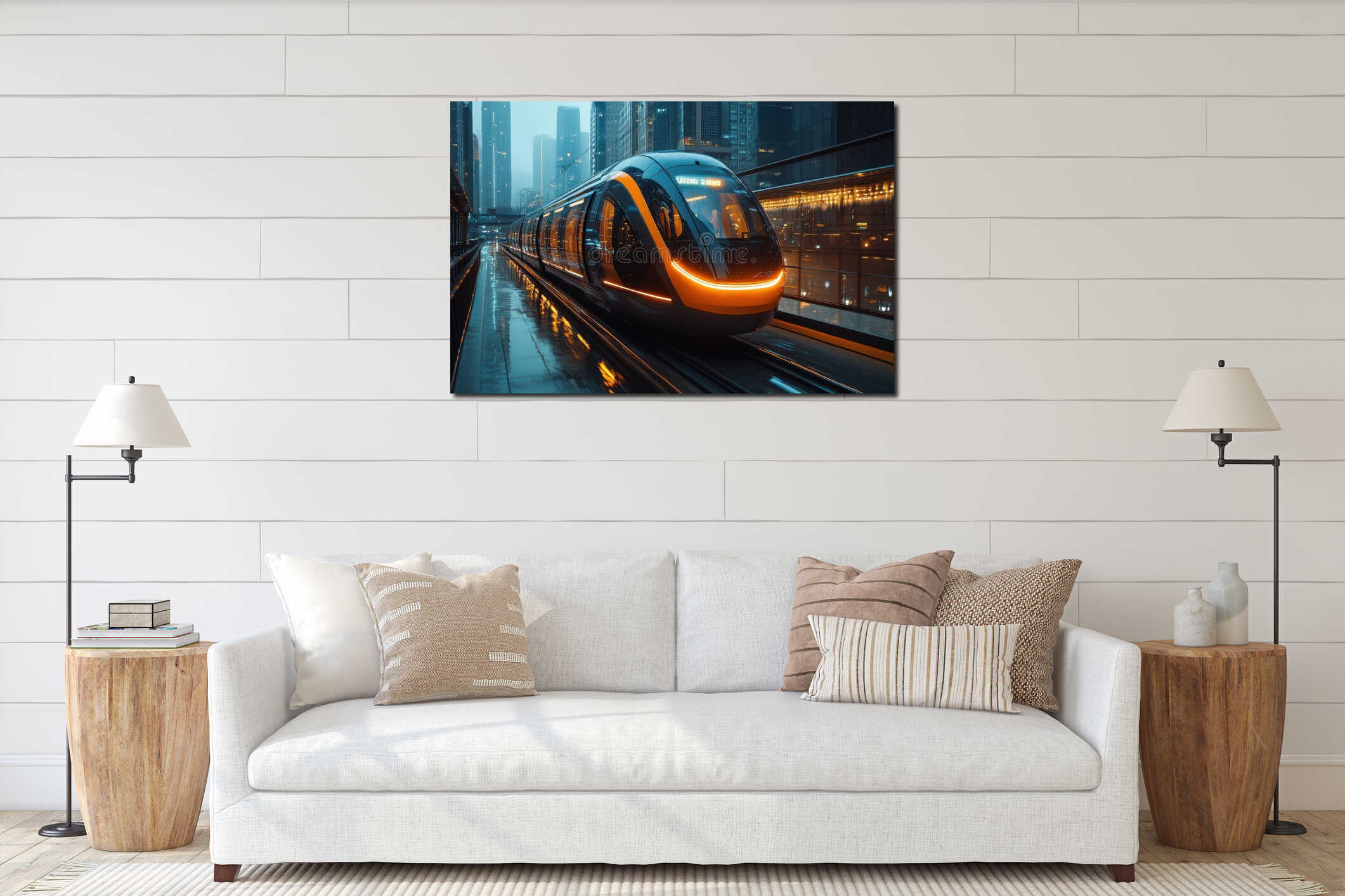 A futuristic monorail train glides through a sleek tunnel surrounded by towering skyscrapers in a vibrant city interior mockup