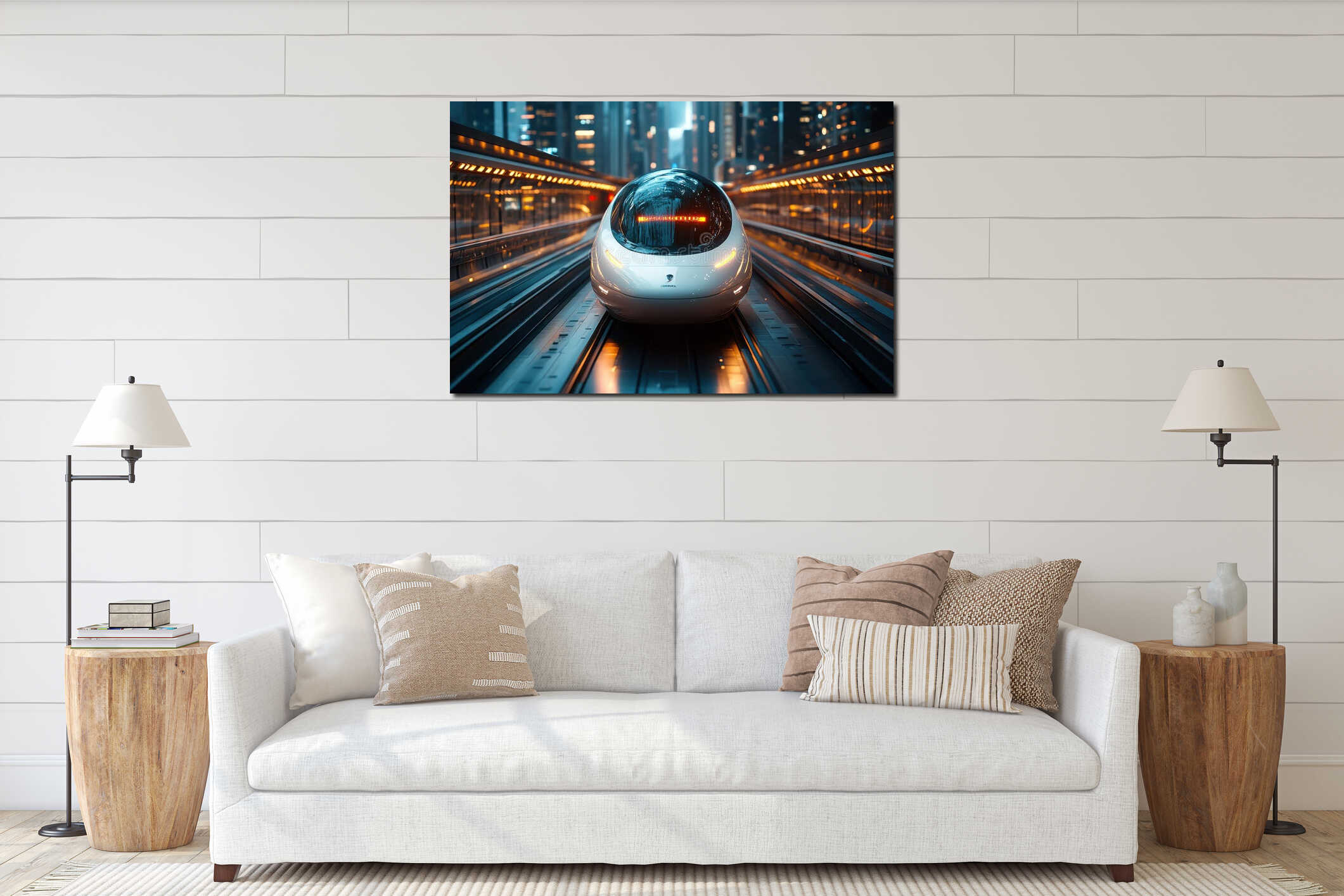 Futuristic monorail train glides through architectural tunnel with skyscrapers in the backdrop during a rainy cityscape interior mockup