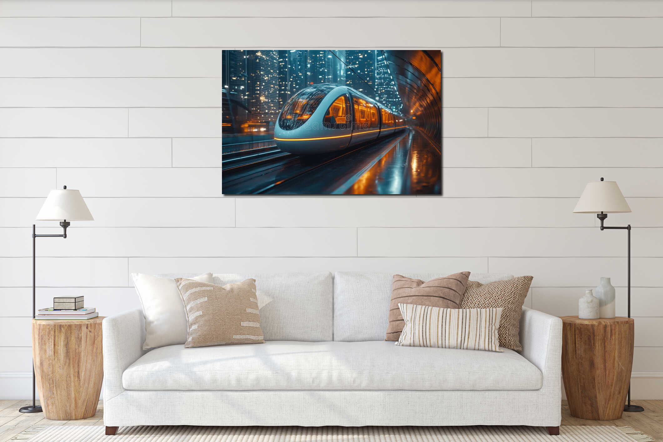 A sleek futuristic monorail train travels through a modern architectural tunnel amidst towering skyscrapers at night interior mockup