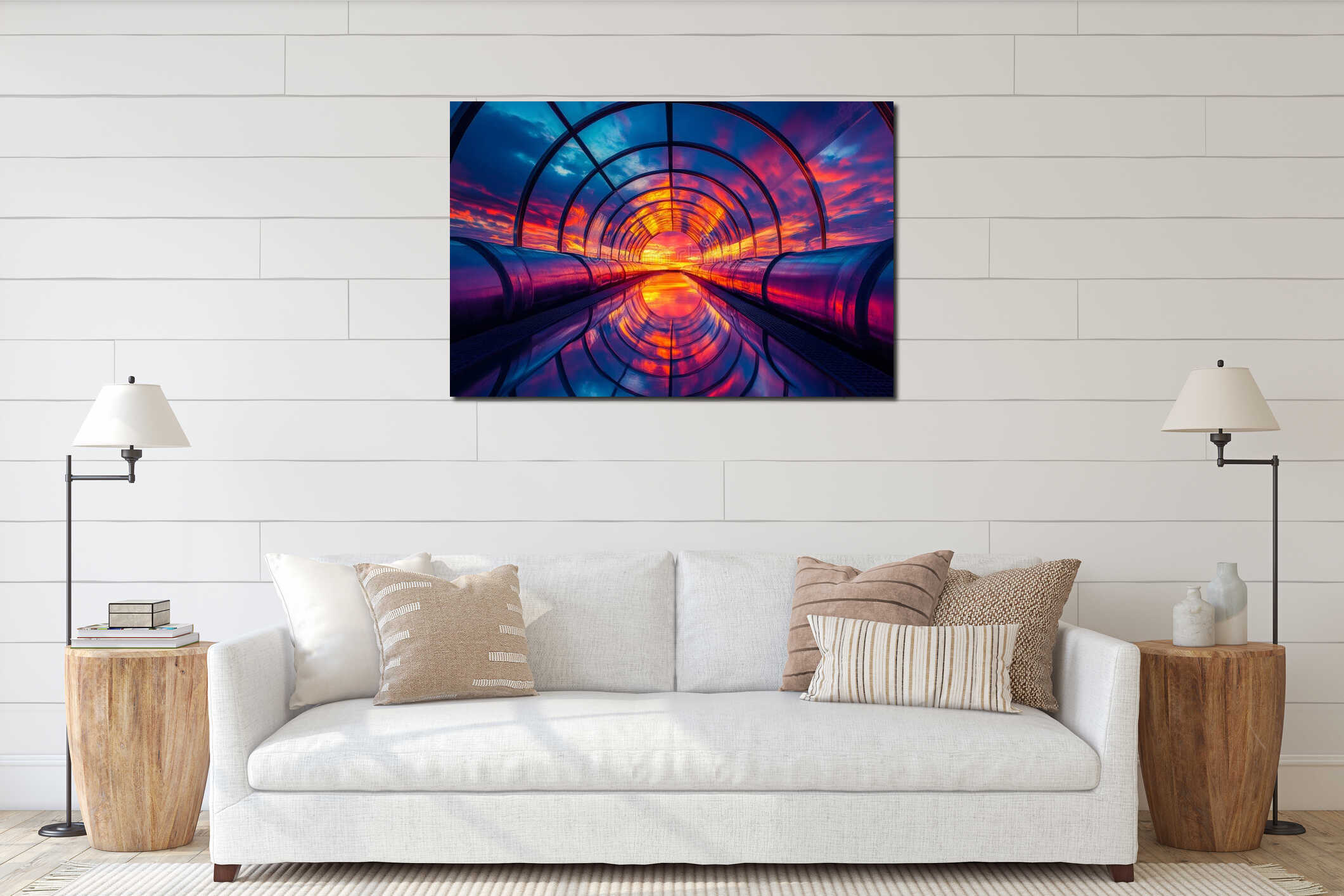 A stunning sunset viewed through a modern tunnel. Bright colors blend beautifully in the sky. This image captures a interior mockup