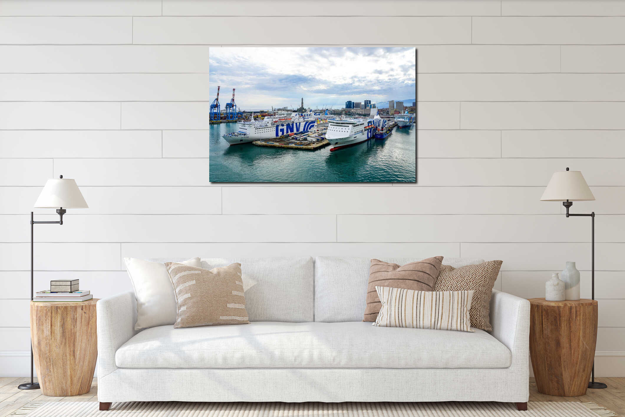 Genoa, Italy- May 27, 2024: GNV Allegra and Excelsior passenger and Ro-Ro cargo ships at port pier interior mockup