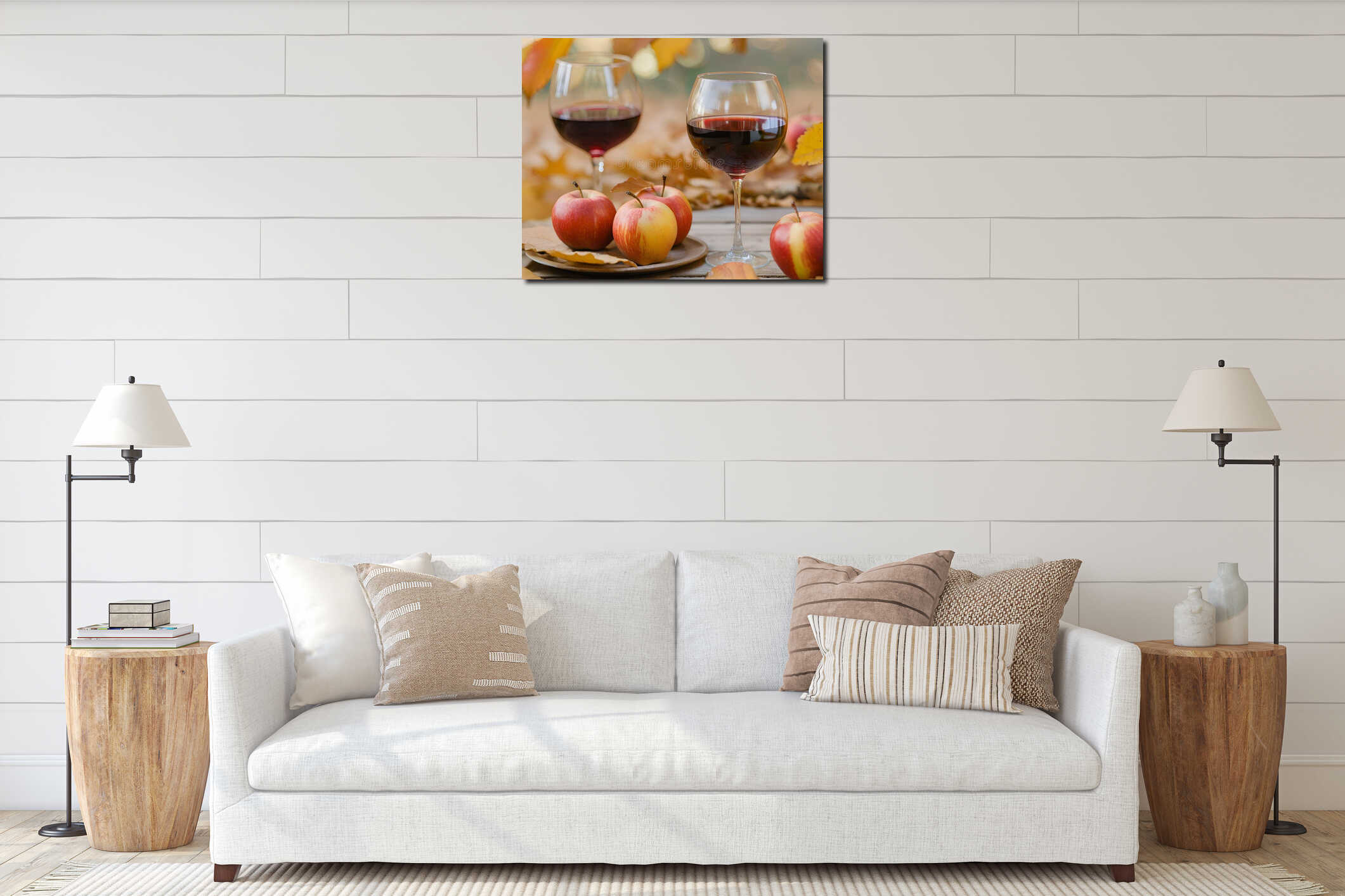 Fresh apples on a plate and two glasses of red wine. Autumn leaves in background. AI generative interior mockup