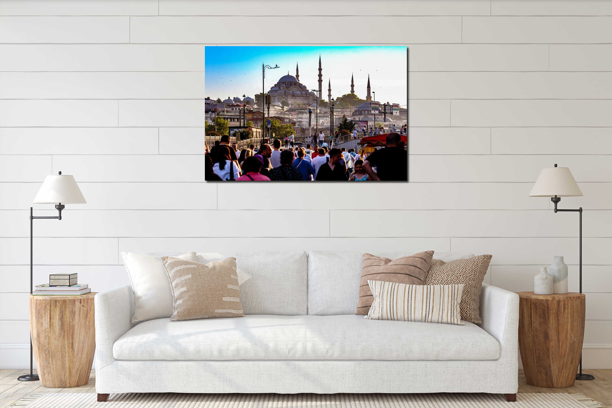 Turkiye. Istanbul. Crowds on the Galata Bridge and the Suleymaniye Mosque interior mockup