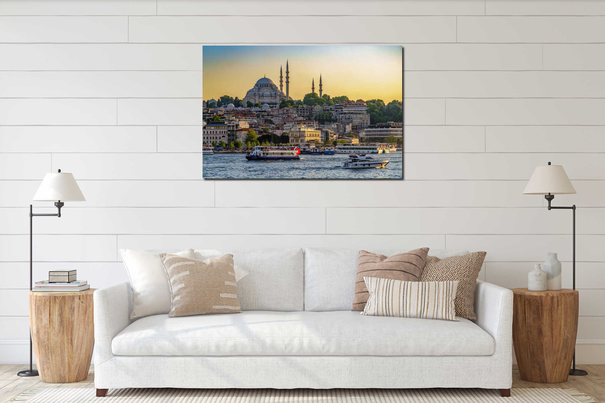 Turkiye. Istanbul. Cruise ships and ferry sailing on the Bosphorus with the Suleymaniye Mosque interior mockup