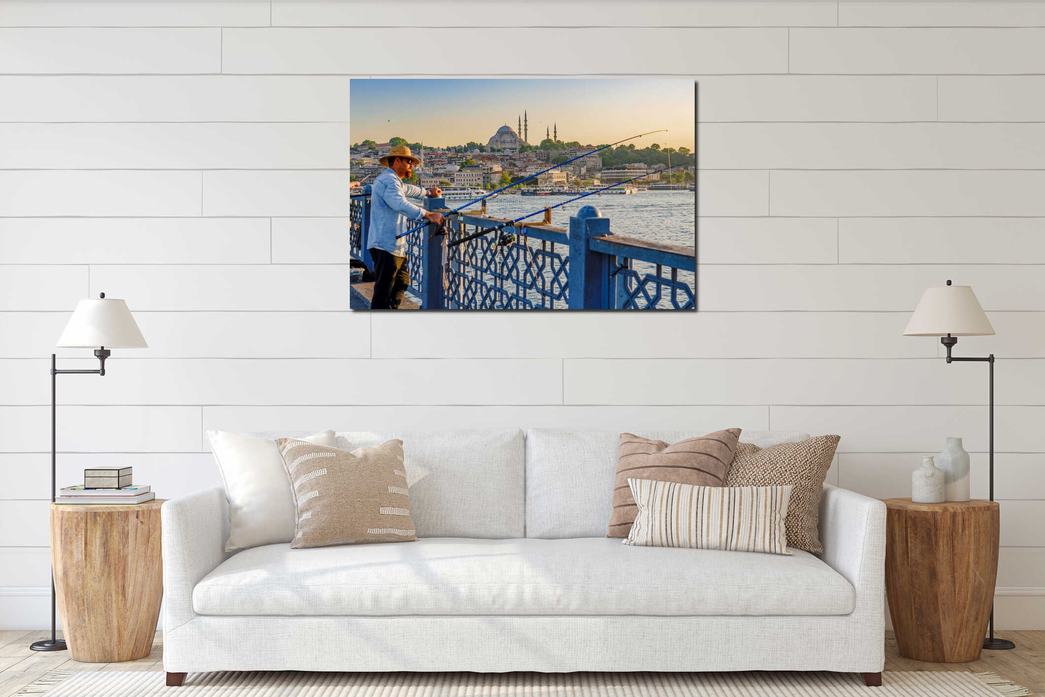 Turkiye. Istanbul. Fisherman on the Galata Bridge and the Suleymaniye Mosque interior mockup
