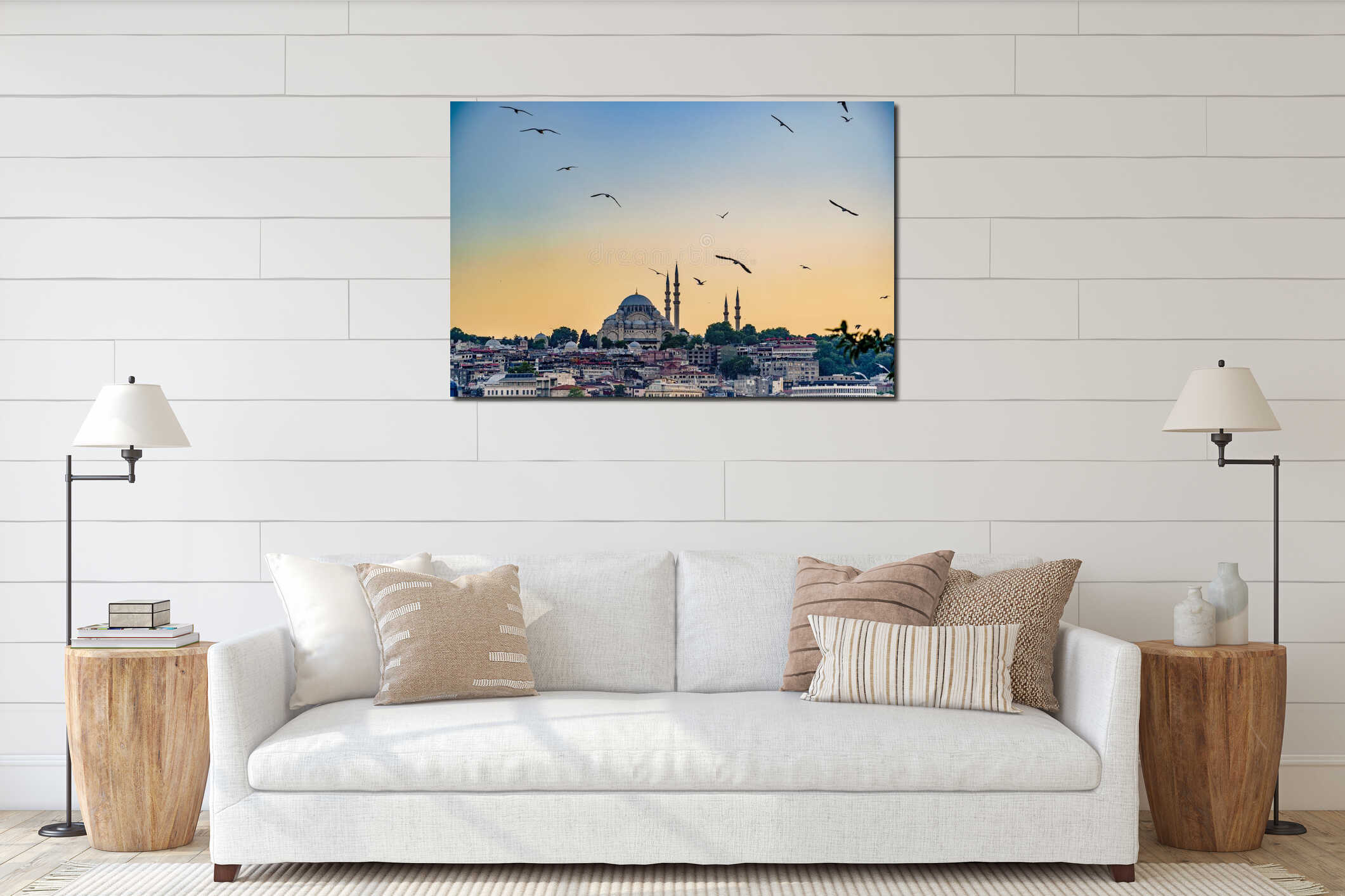 Turkiye. Istanbul. Seagulls flying above the Suleymaniye Mosque interior mockup