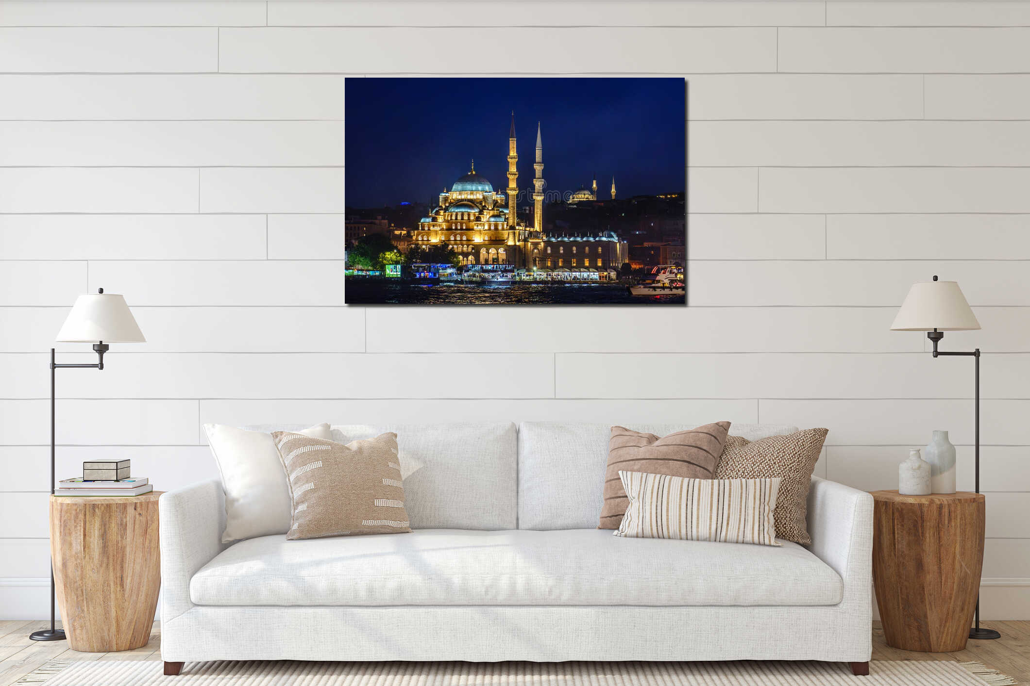 Turkiye. Istanbul. Night view of the illuminated Yeni Cami Mosque interior mockup