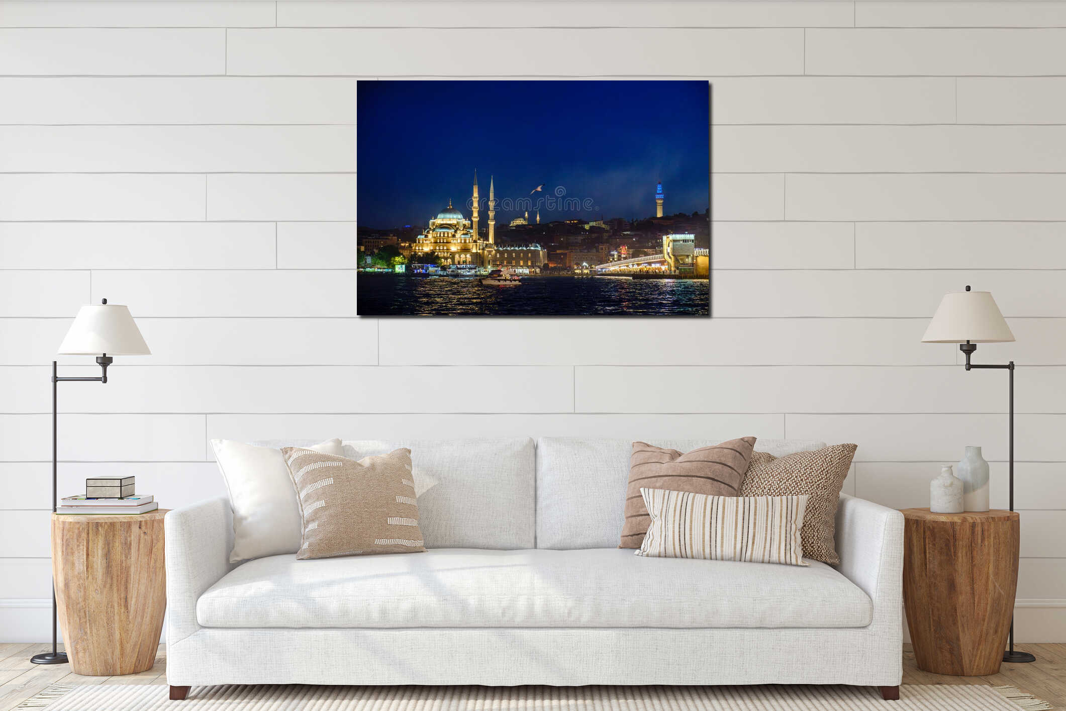 Turkiye. Istanbul. A night view of the Yeni Cami Mosque and the Galata Bridge interior mockup
