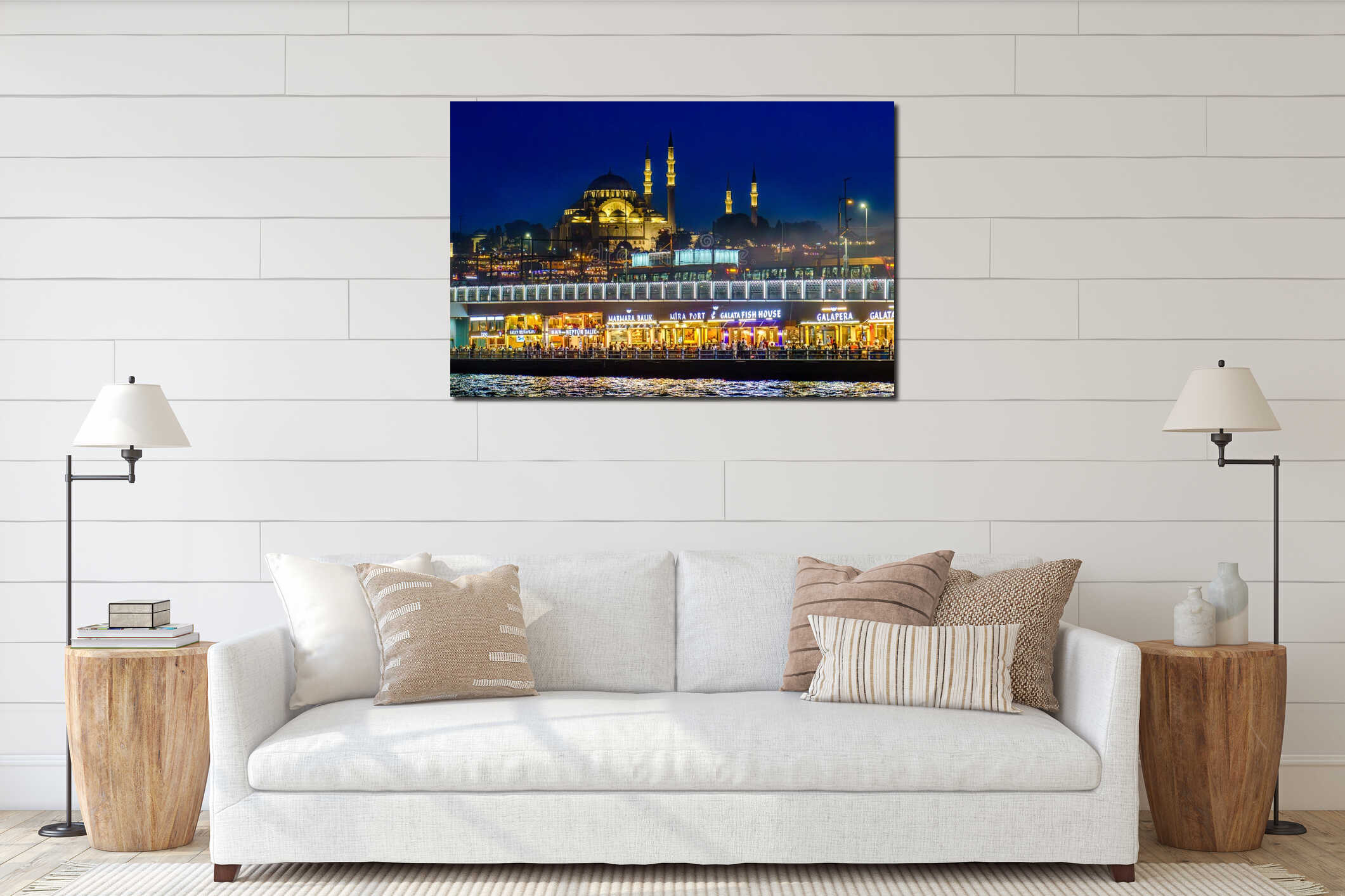 Turkiye. Istanbul. A night view of Suleymaniye Mosque and the Galata Bridge interior mockup