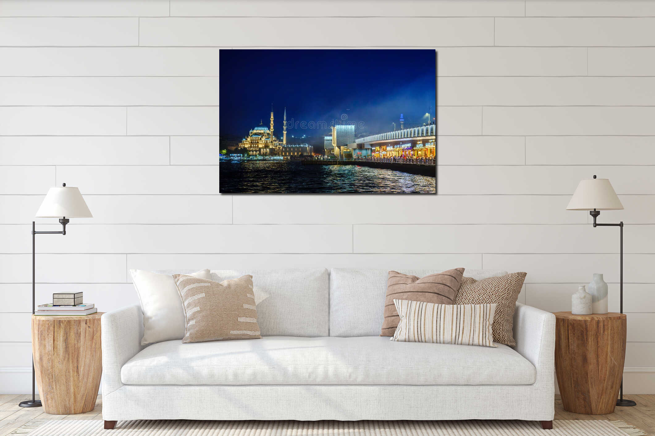 Turkiye. Istanbul. A night view of the Yeni Cami Mosque and the Galata Bridge interior mockup