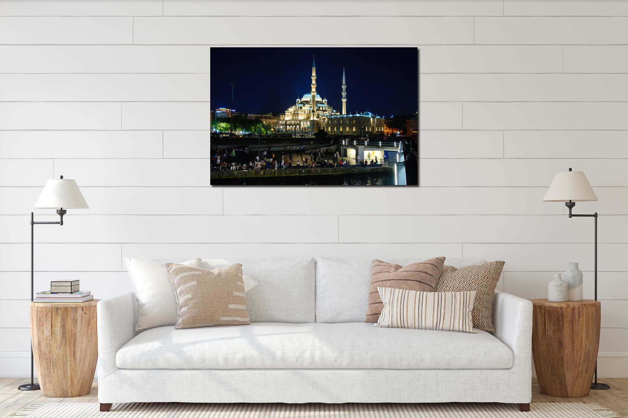 Turkiye. Istanbul. Night view of the majestic Yeni Mosque, beautifully illuminated interior mockup