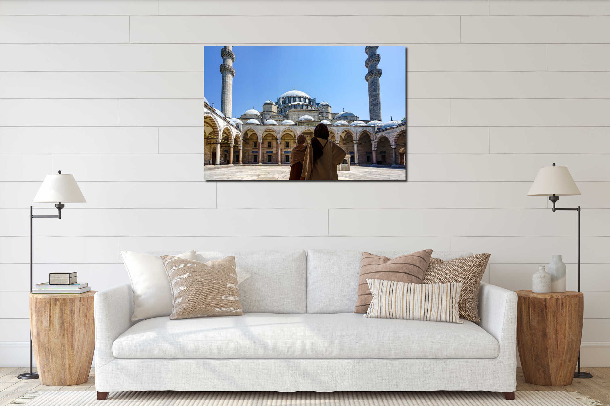 Turkiye. Istanbul. A couple of women wearing traditional clothes admire the Suleymaniye Mosque interior mockup