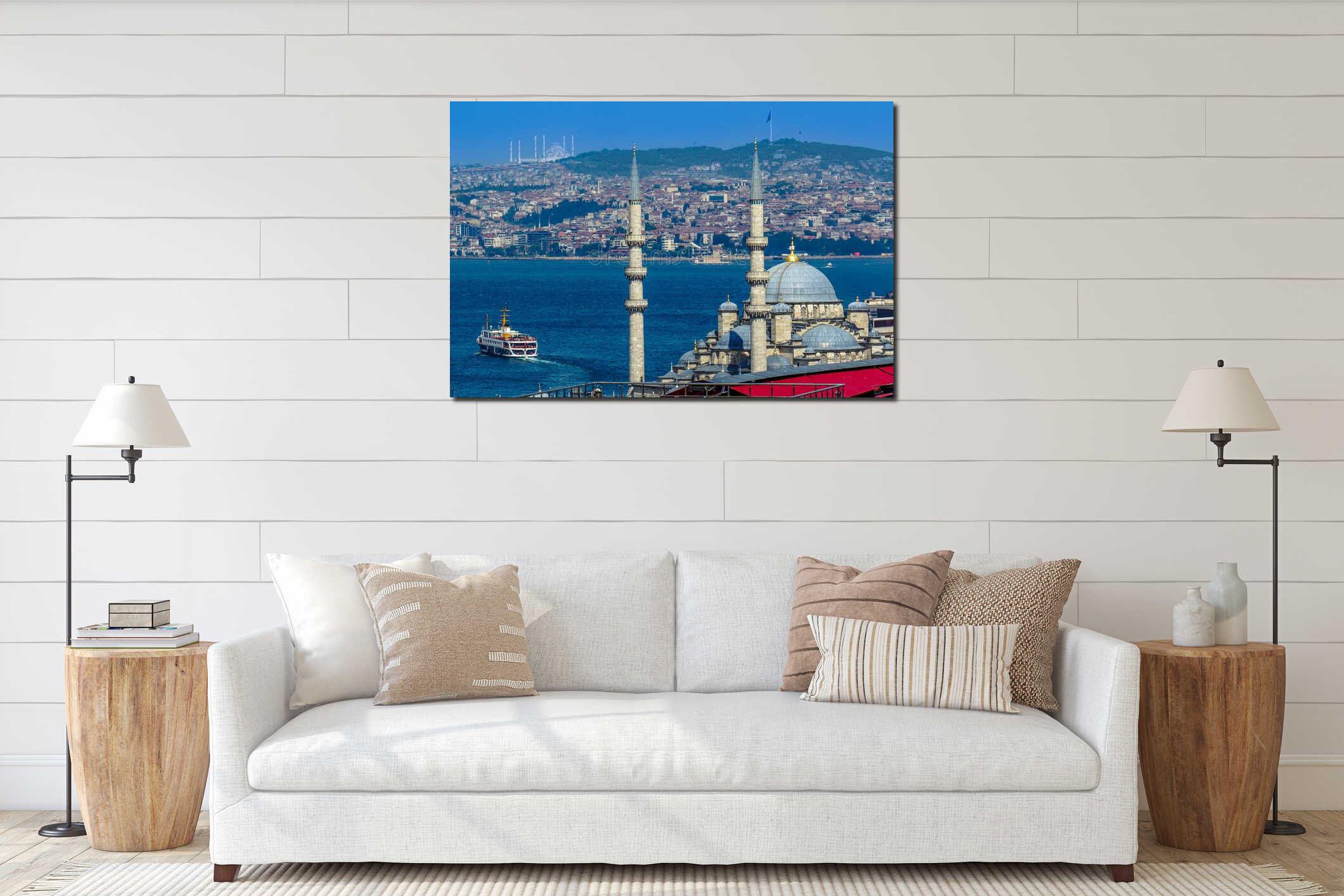 Turkiye. Istanbul. A cruise on the Bosphorus and in the foreground the Sultan Ahmed mosque interior mockup