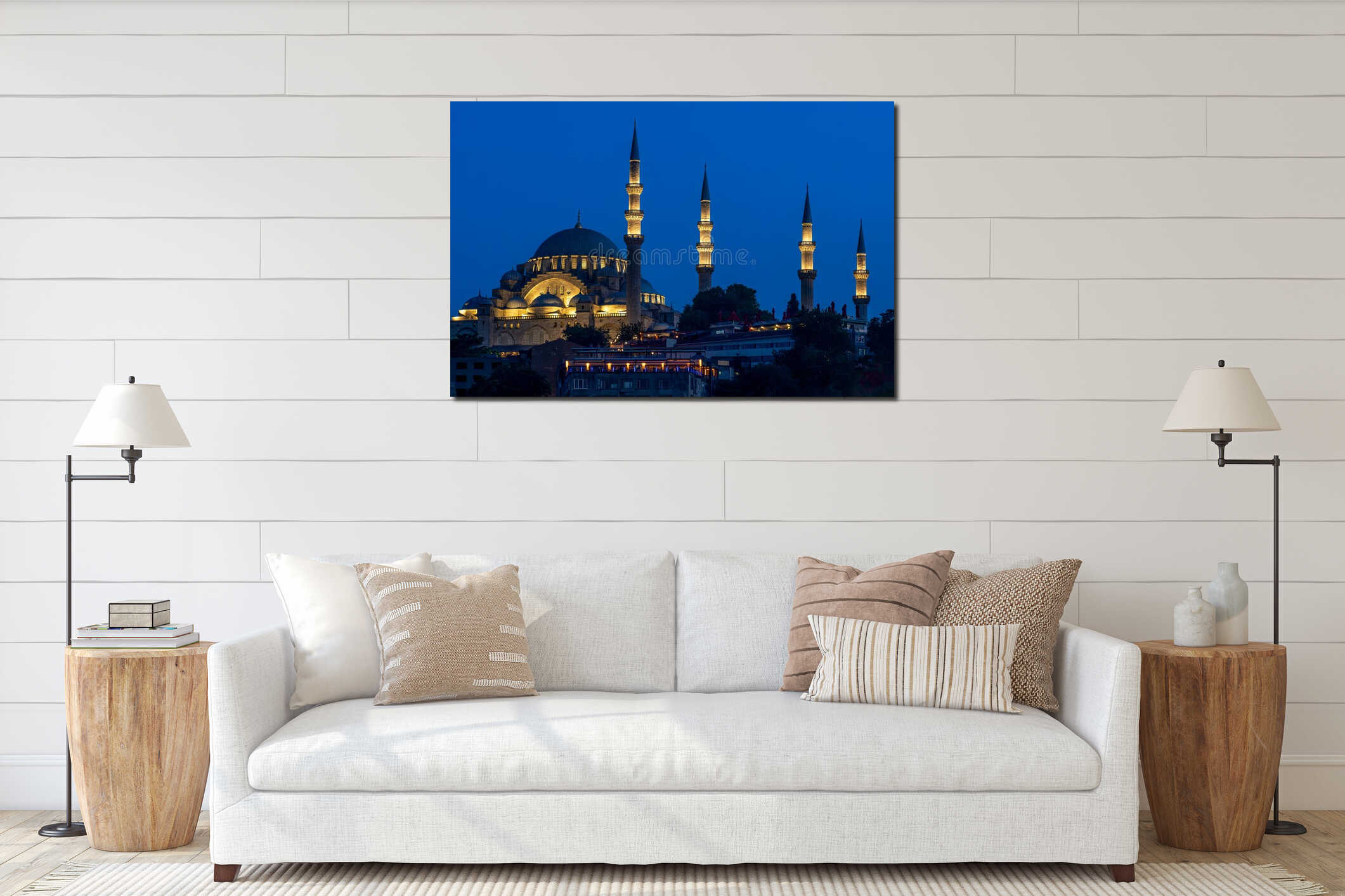Turkiye. Istanbul. The illuminated dome and minarets of the Suleymaniye Mosque interior mockup