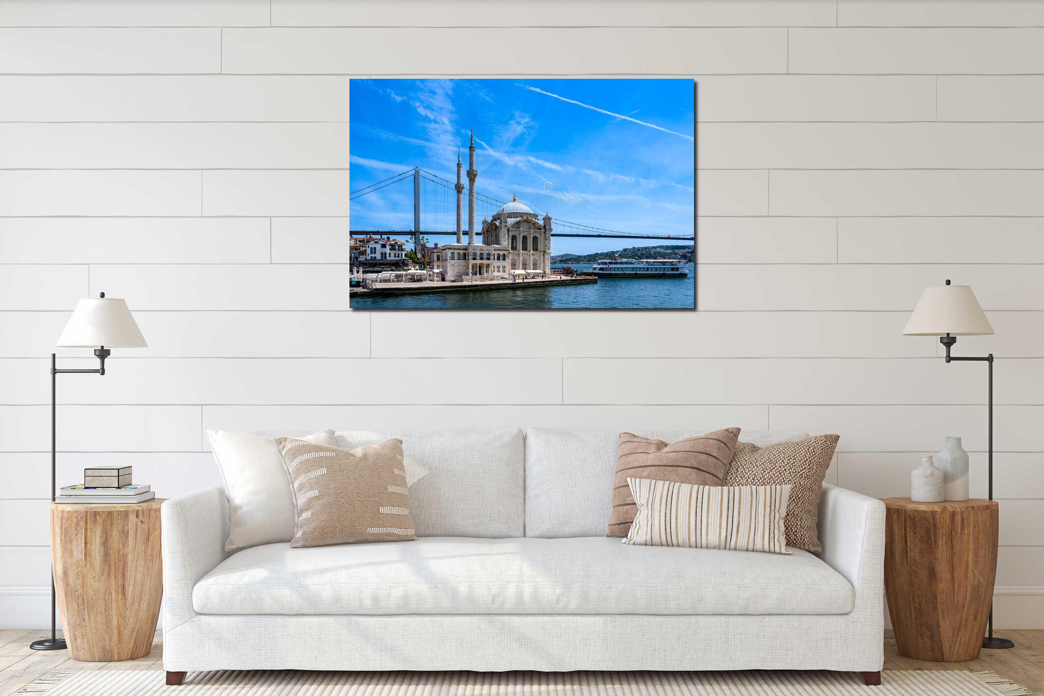 Istanbul. Turkiye. A cruise ship docks in front of the Ortakoy Mosque interior mockup