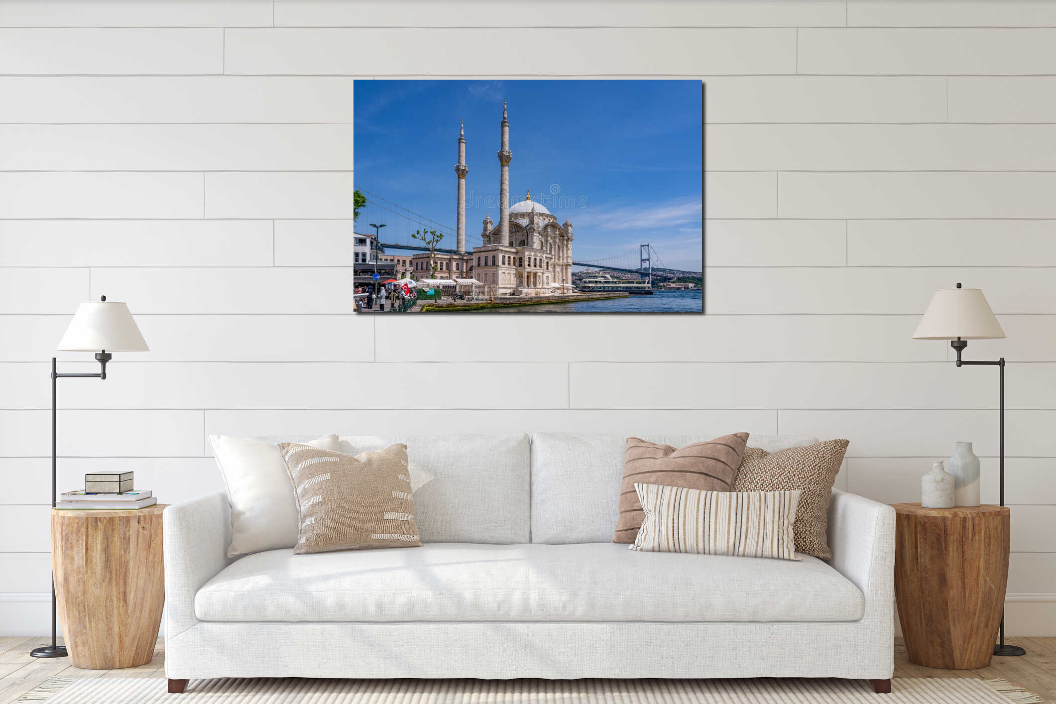 Istanbul. Turkiye. A cruise ship docks in front of the Ortakoy Mosque interior mockup