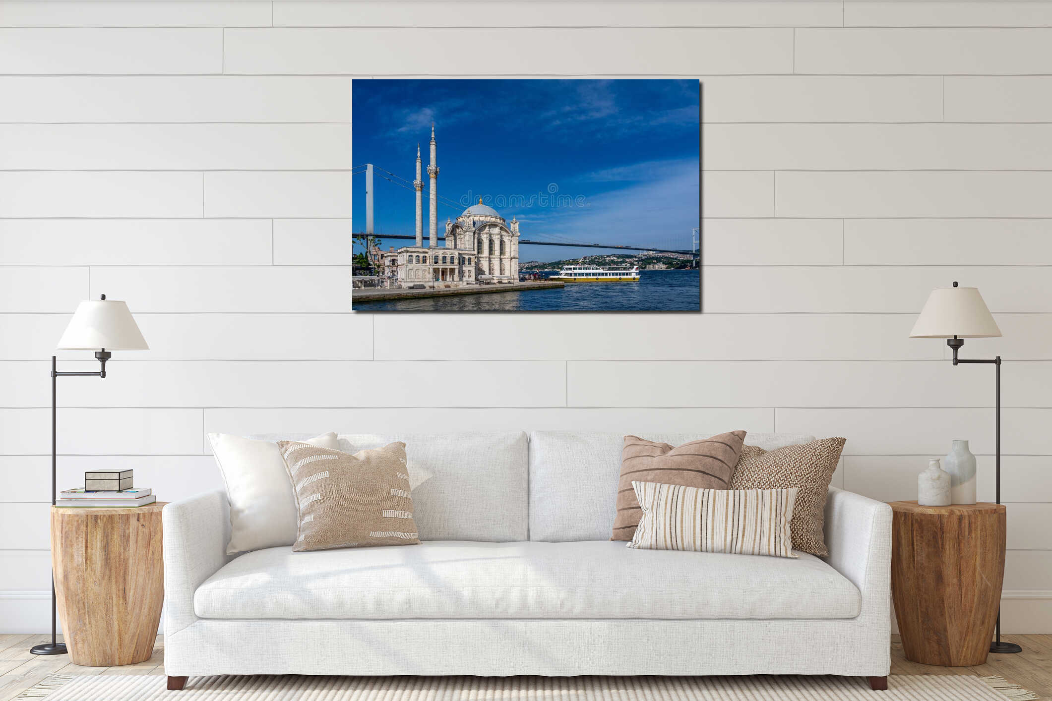 Turkiye. Istanbul. A cruise ship docks in front of the Ortakoy Mosque interior mockup