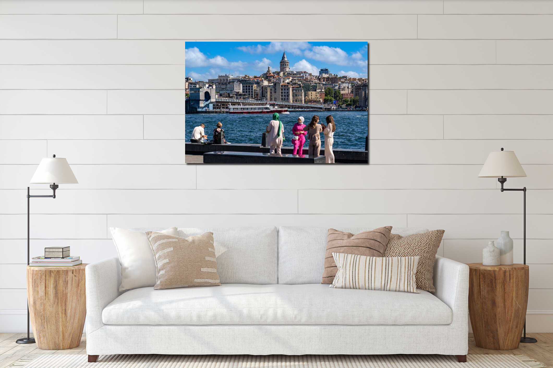 Turkiye. Istanbul. A group of people enjoy a picturesque view of the Bosphorus in Istanbul, with the famous Galata Tower interior mockup