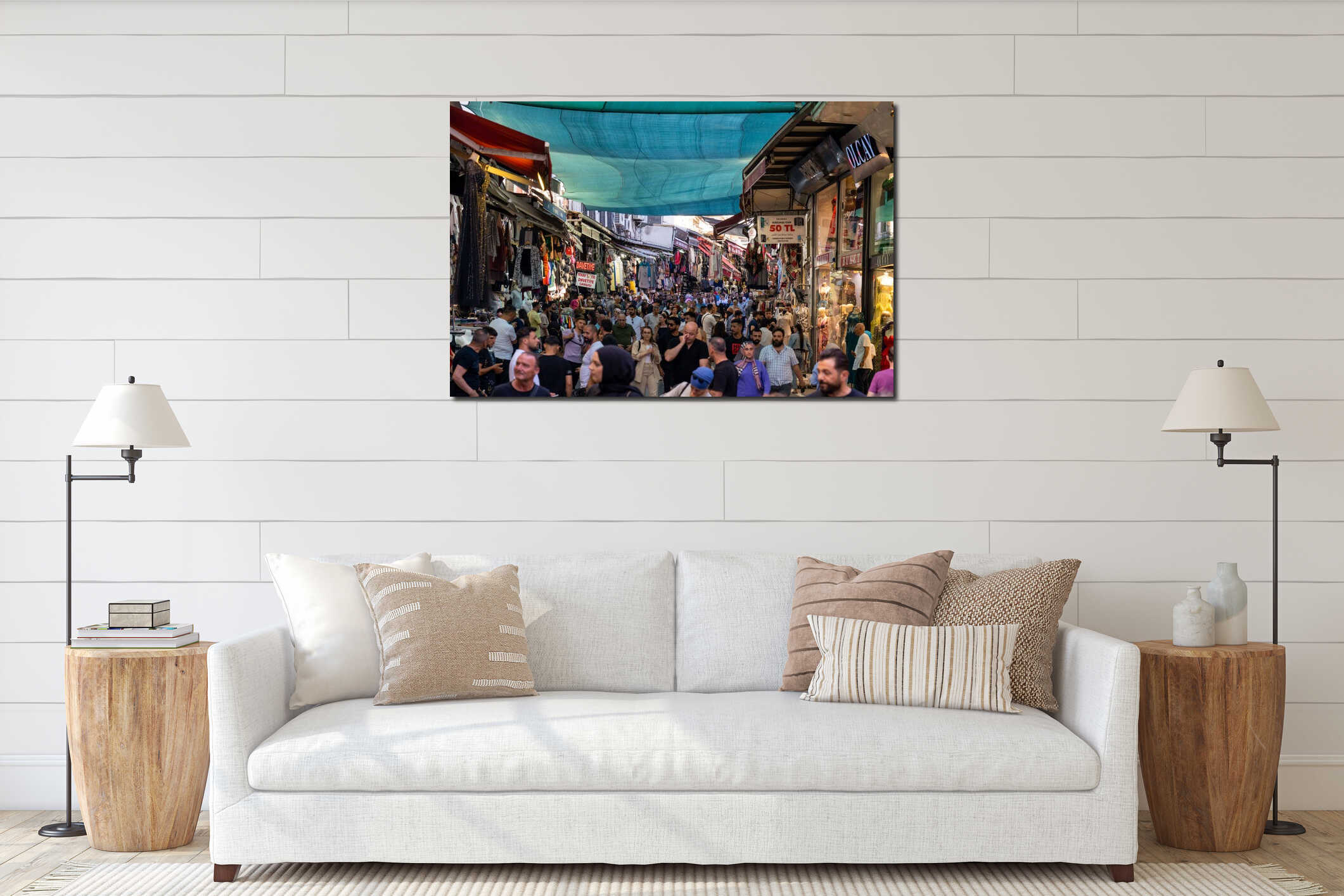 Turkiye. Istanbul. A bustling market in Irfaniye Carsisi street interior mockup