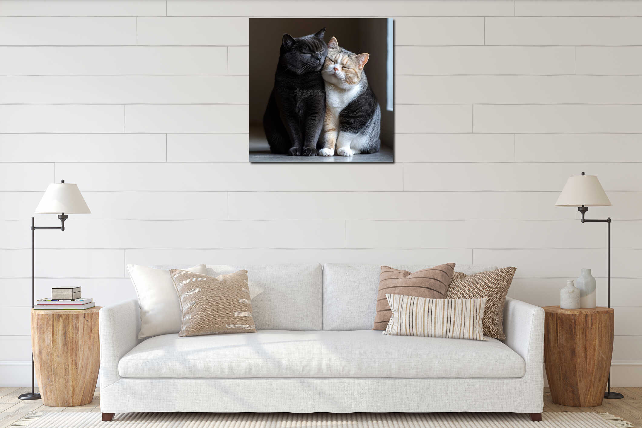 A couple of cats sitting next to each other on a window sill interior mockup