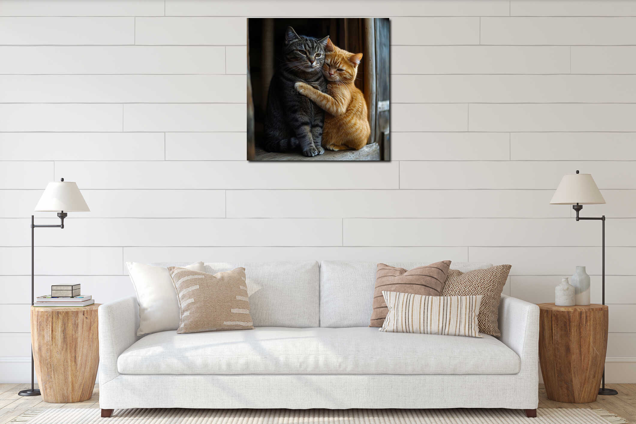 A couple of cats sitting next to each other on a wooden bench interior mockup