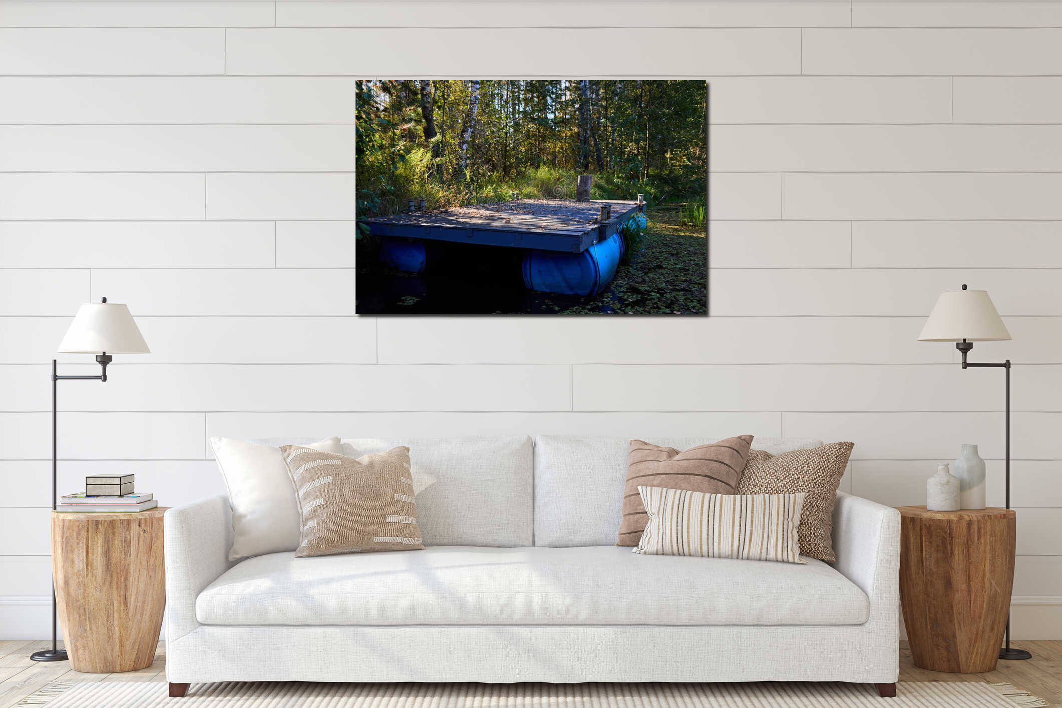 Handmade Wooden Raft on Blue Barrels in Forest interior mockup