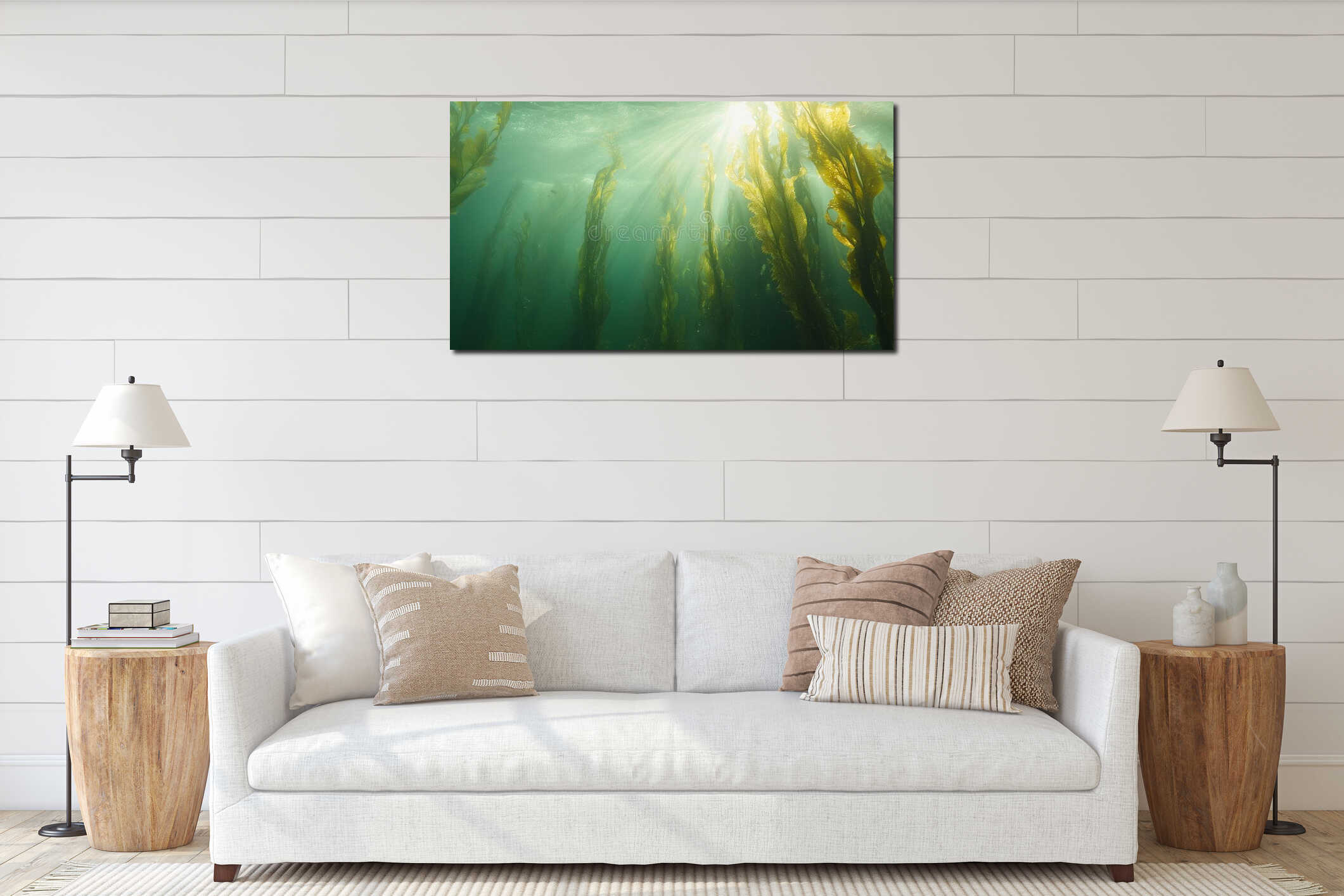 In the middle of a vibrant seaweed forest, a school of fish swims interior mockup