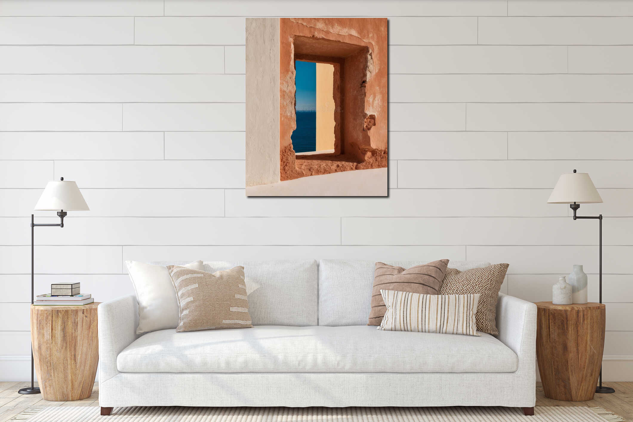 Azure View Through a Hole in a Terracotta Wall. interior mockup