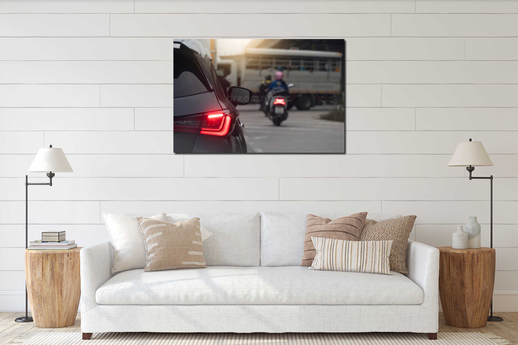 Busy street with rear side car. Motorcycle and a truck in the background. interior mockup