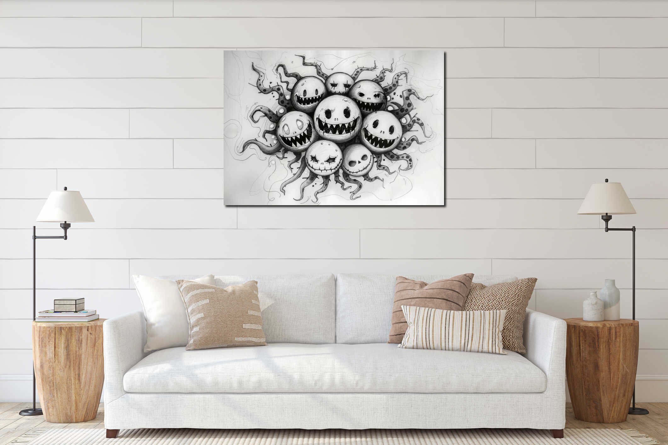 A drawing of a bunch of skulls with tentacles around them interior mockup