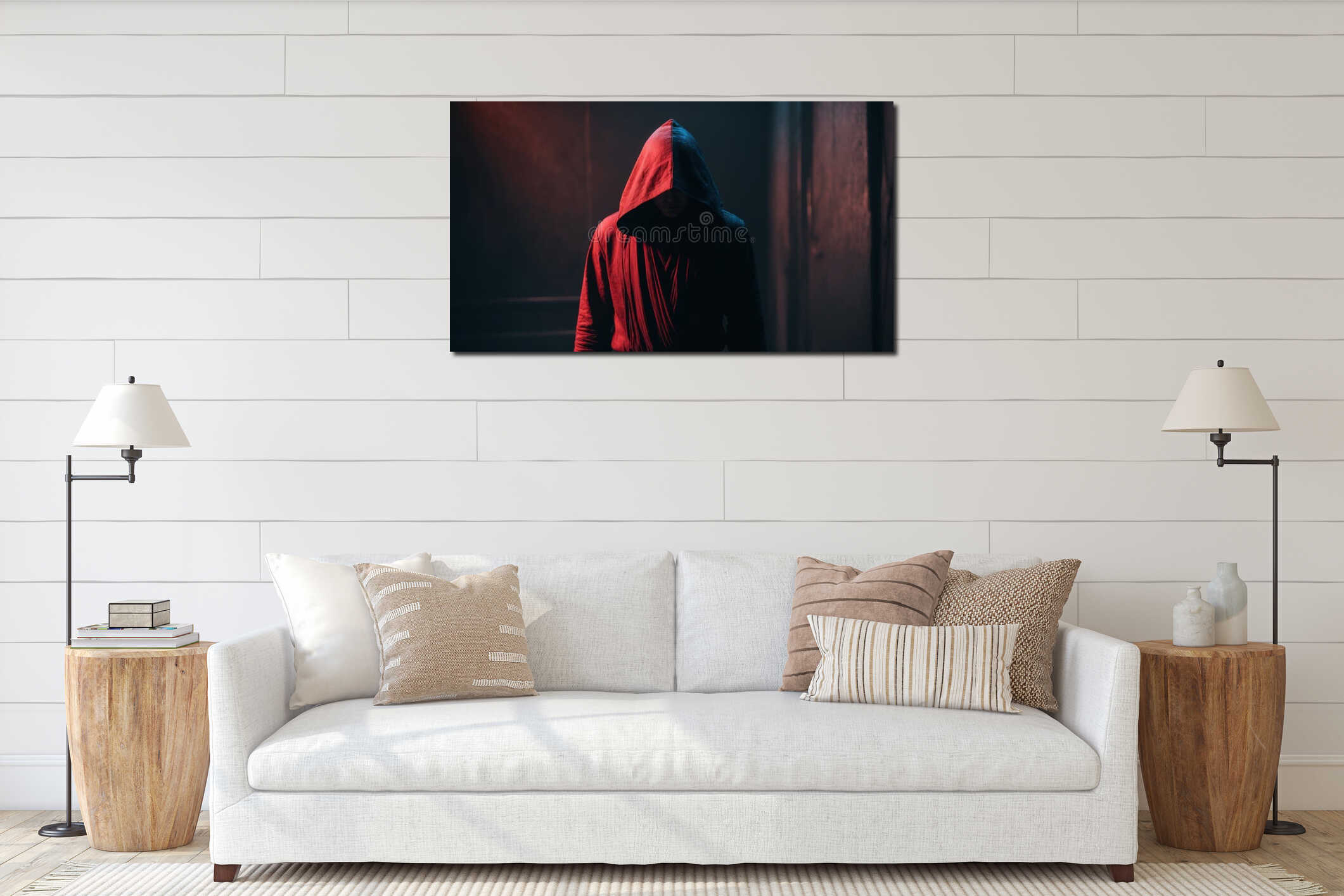 Mysterious hooded figure in dark red lighting. interior mockup