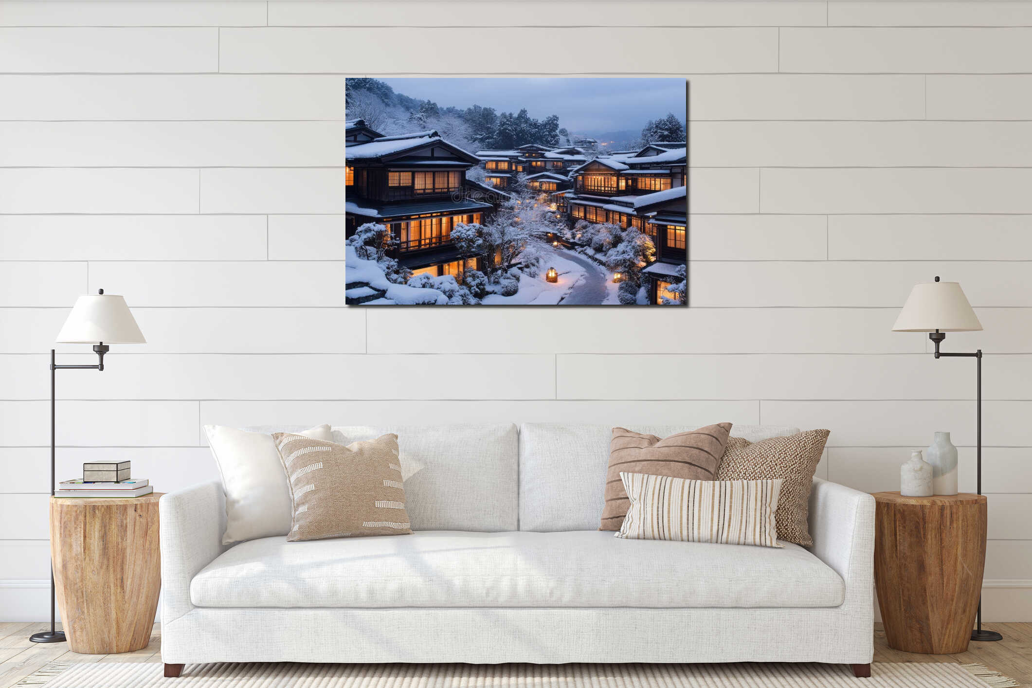 winter scene, a group of classic japanese homes covered in fresh snow at twilight, softly lit by warm lanterns interior mockup