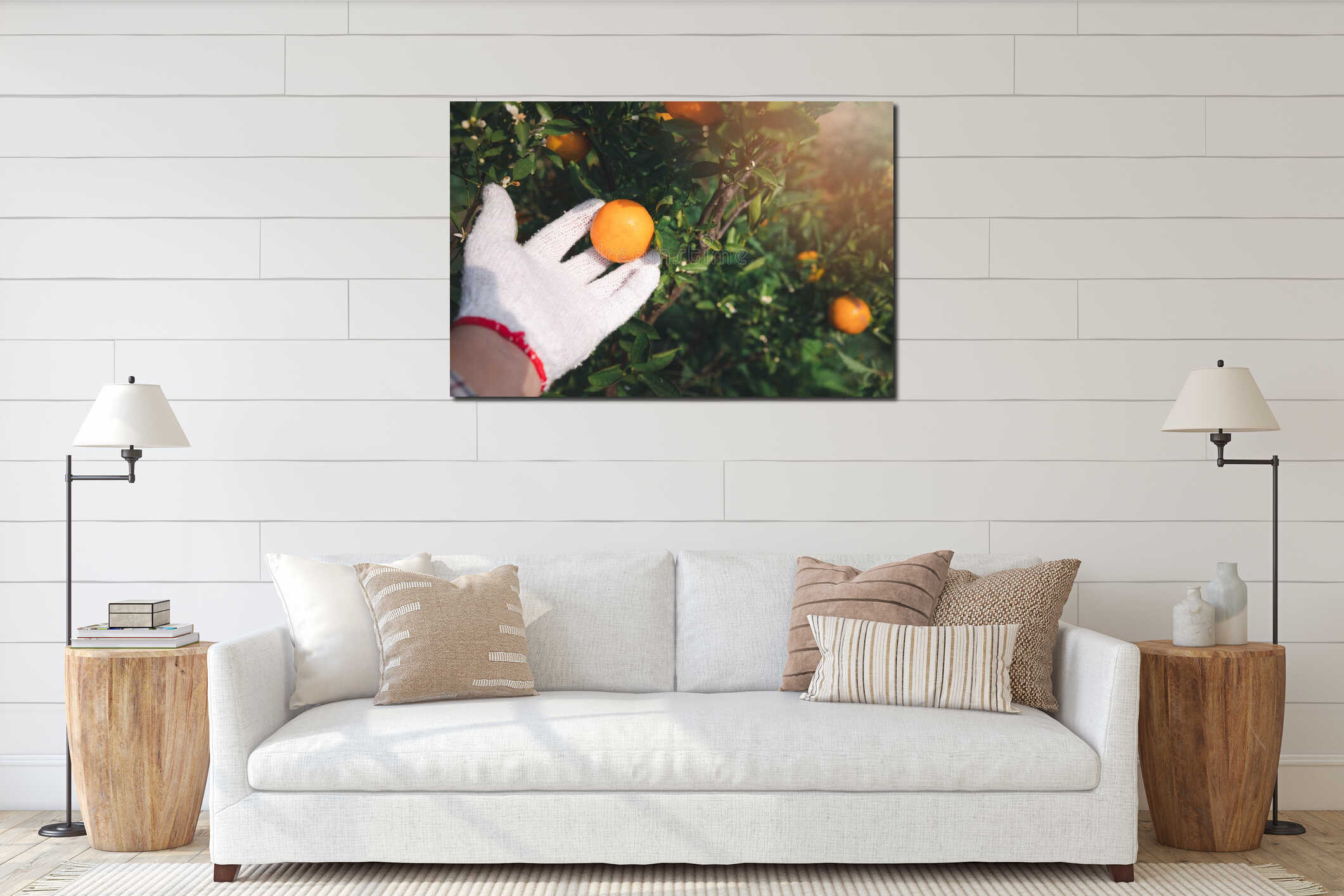 Close up of farmer or gardener hand with glove checking orange on the tree interior mockup